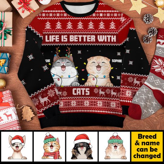 Life Is Better With Cats - Personalized Custom Ugly Christmas Sweatshirt, Christmas Gift - Image 10