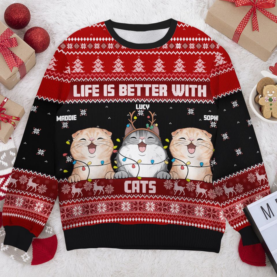 Life Is Better With Cats - Personalized Custom Ugly Christmas Sweatshirt, Christmas Gift - Image 4