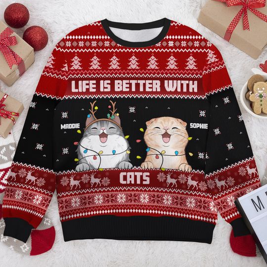 Life Is Better With Cats - Personalized Custom Unisex Ugly Christmas Sweatshirt - Gift For Cat Lovers, Pet Lovers - Image 6