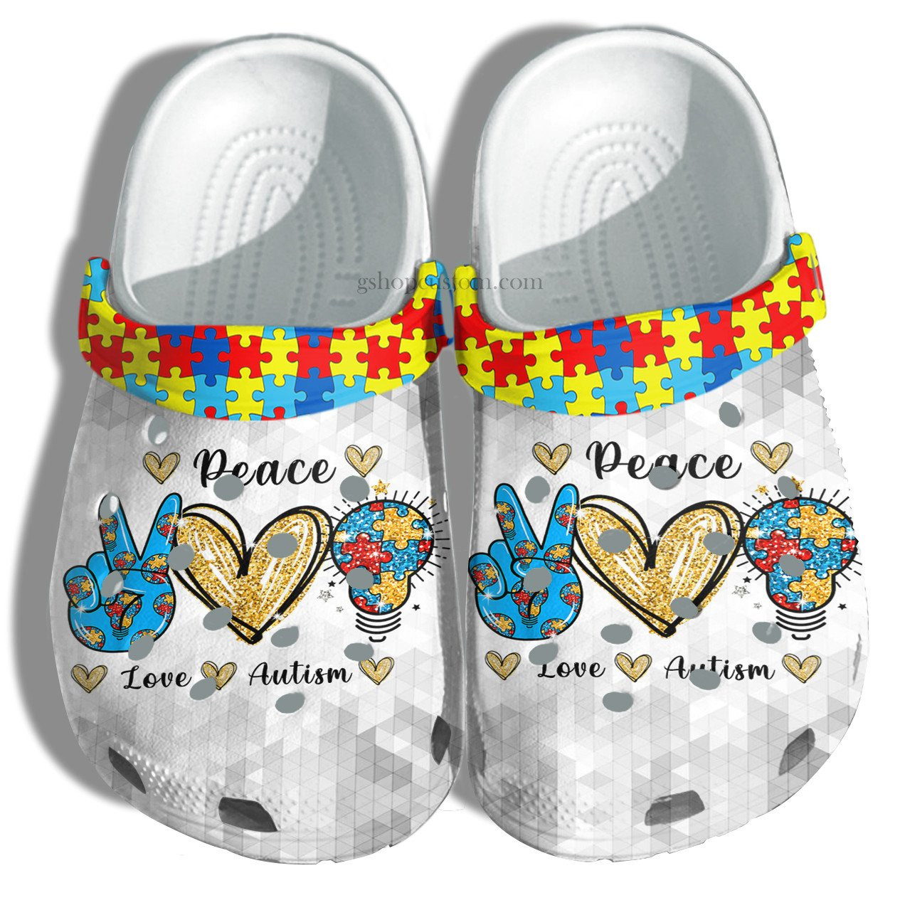 Light Puzze Peace Love Autism Shoes - Autism Awareness Puzzel Shoes Croc Clogs Gift