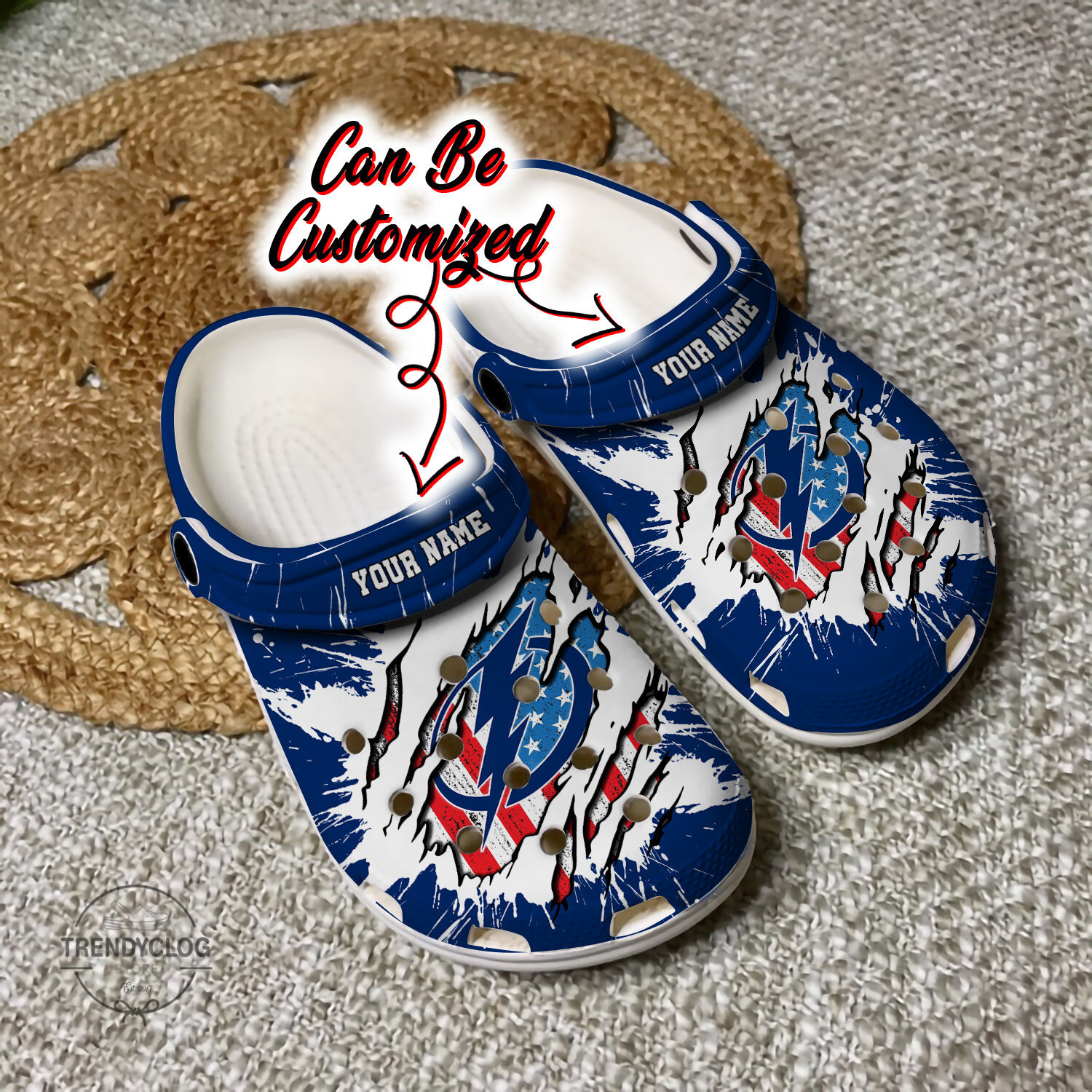 Lightning Personalized TB Lightning Hockey Ripped American Flag Clog Shoes