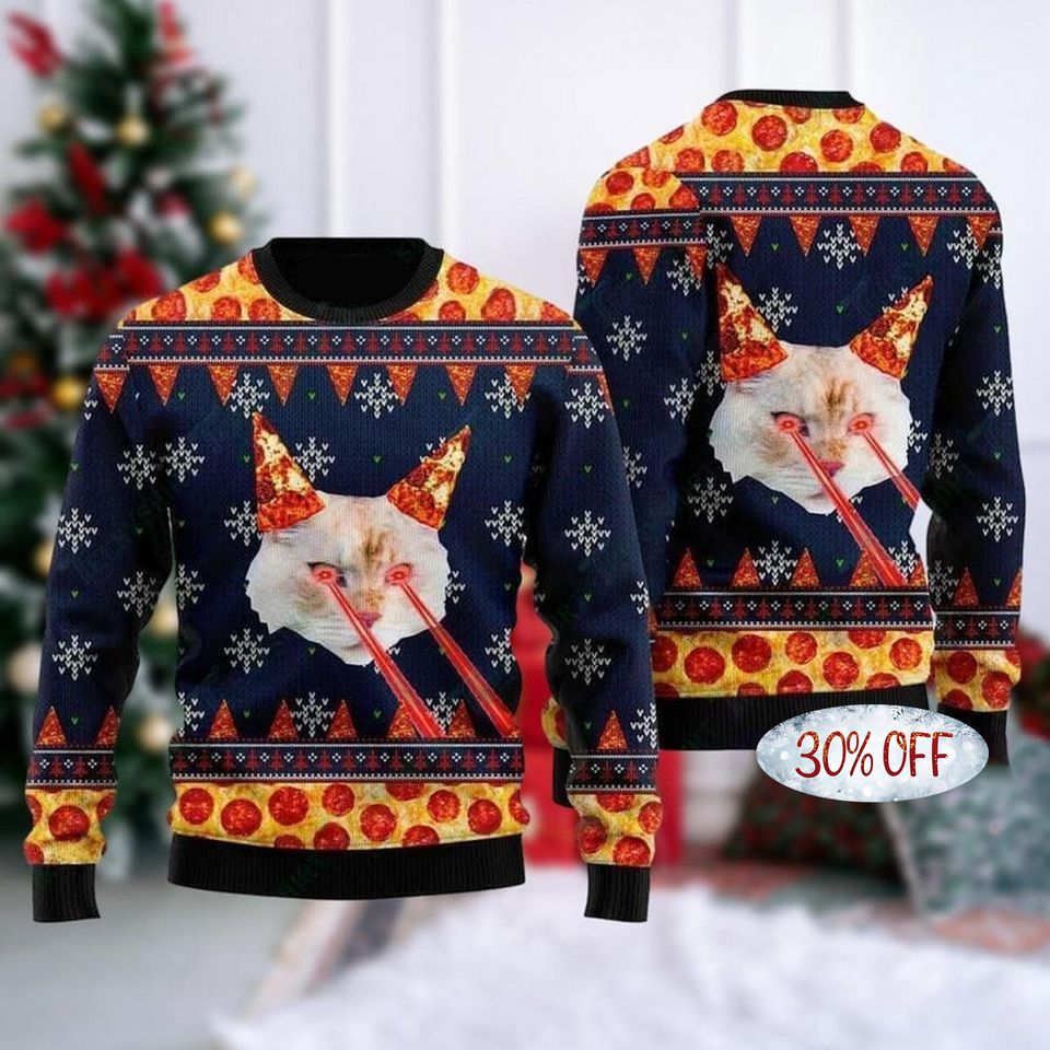 Limited Pizza Cat With Laser Eyes Christmas Sweater
