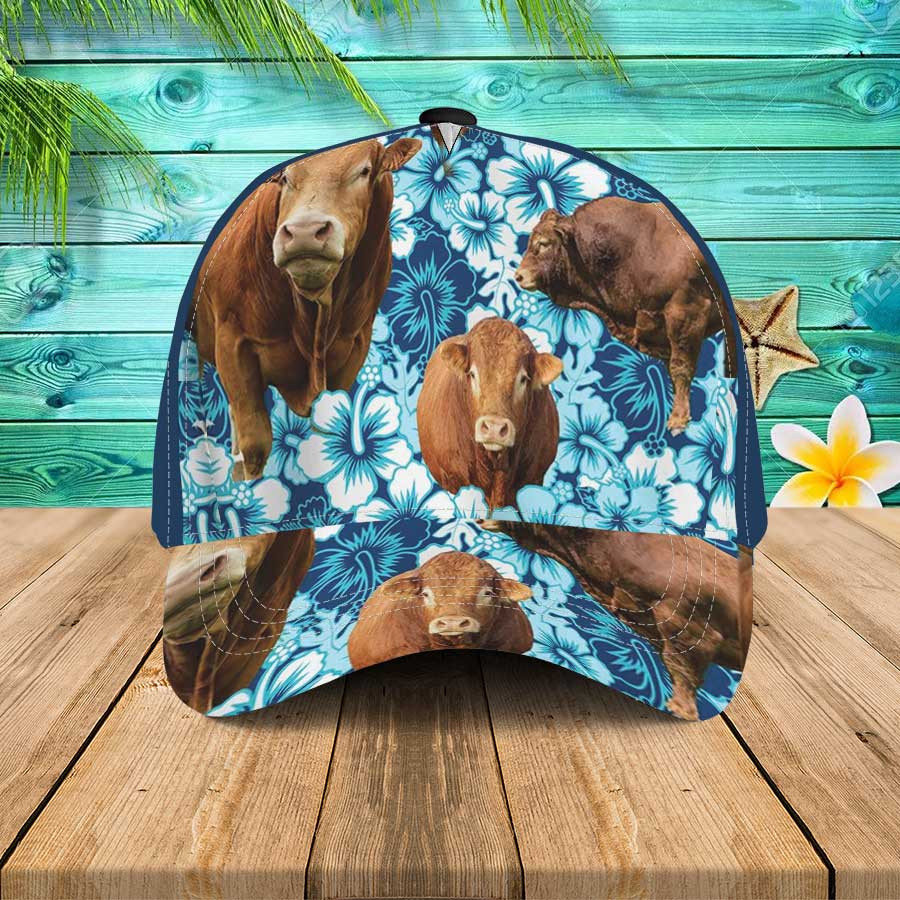 Limousin Blue Hibiscus Flowers Hawaiian Summer Hats, Limousin 3D Cap for Lovers Trucker Hats Custom Hats Gifts For Men & Women