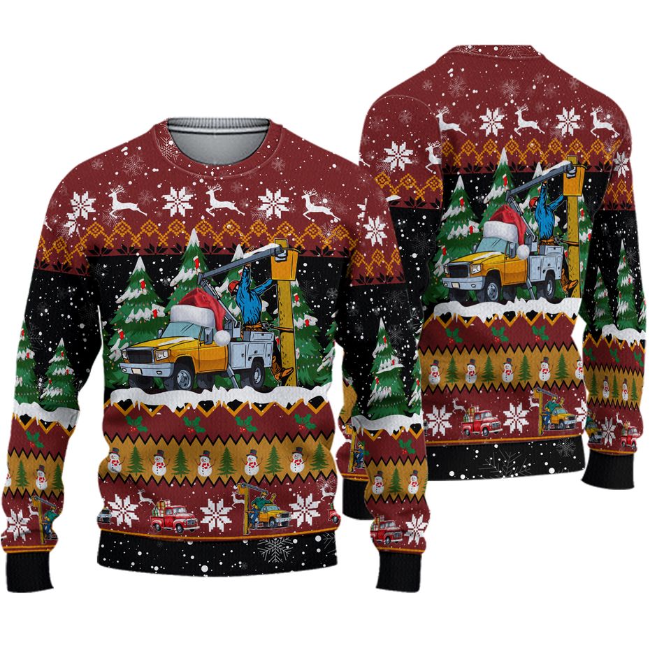 Lineman With Bucket Truck Ugly Christmas Sweater, Funny Lineman Xmas