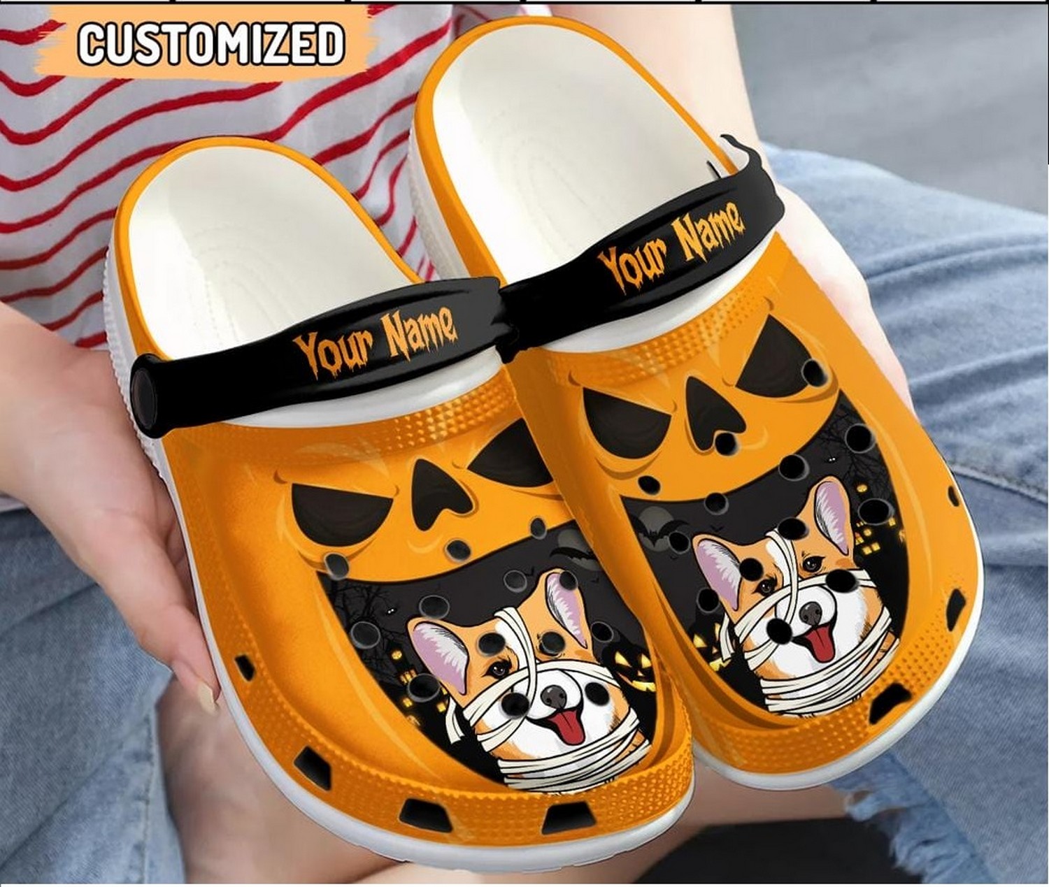 Little Corgi Cosplay Mummy In Halloween Pumpkin Crocs Crocband Clogs Shoes Comfortable For Men Women and Kids