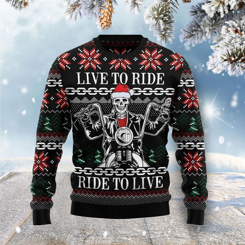 Live To Ride Motorbike Skeleton Ugly Christmas Sweater Adult 3D Funny Matching for family