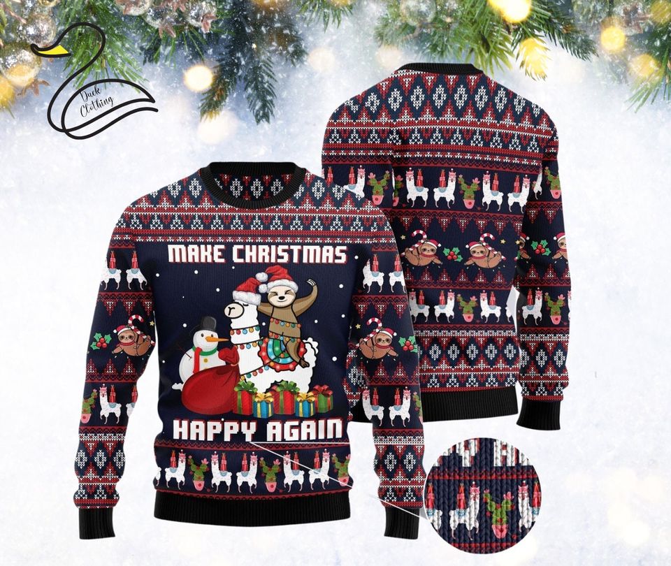 Llama Christmas Ugly Sweater Llama And Sloth Make Christmas Happy Again Sweater
