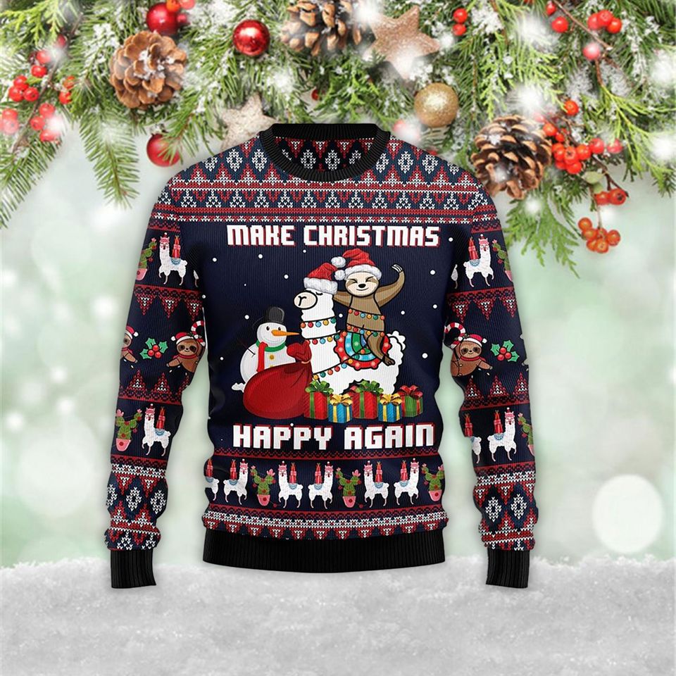 Llama Sloth Make Christmas Happy Again 3D Sweater