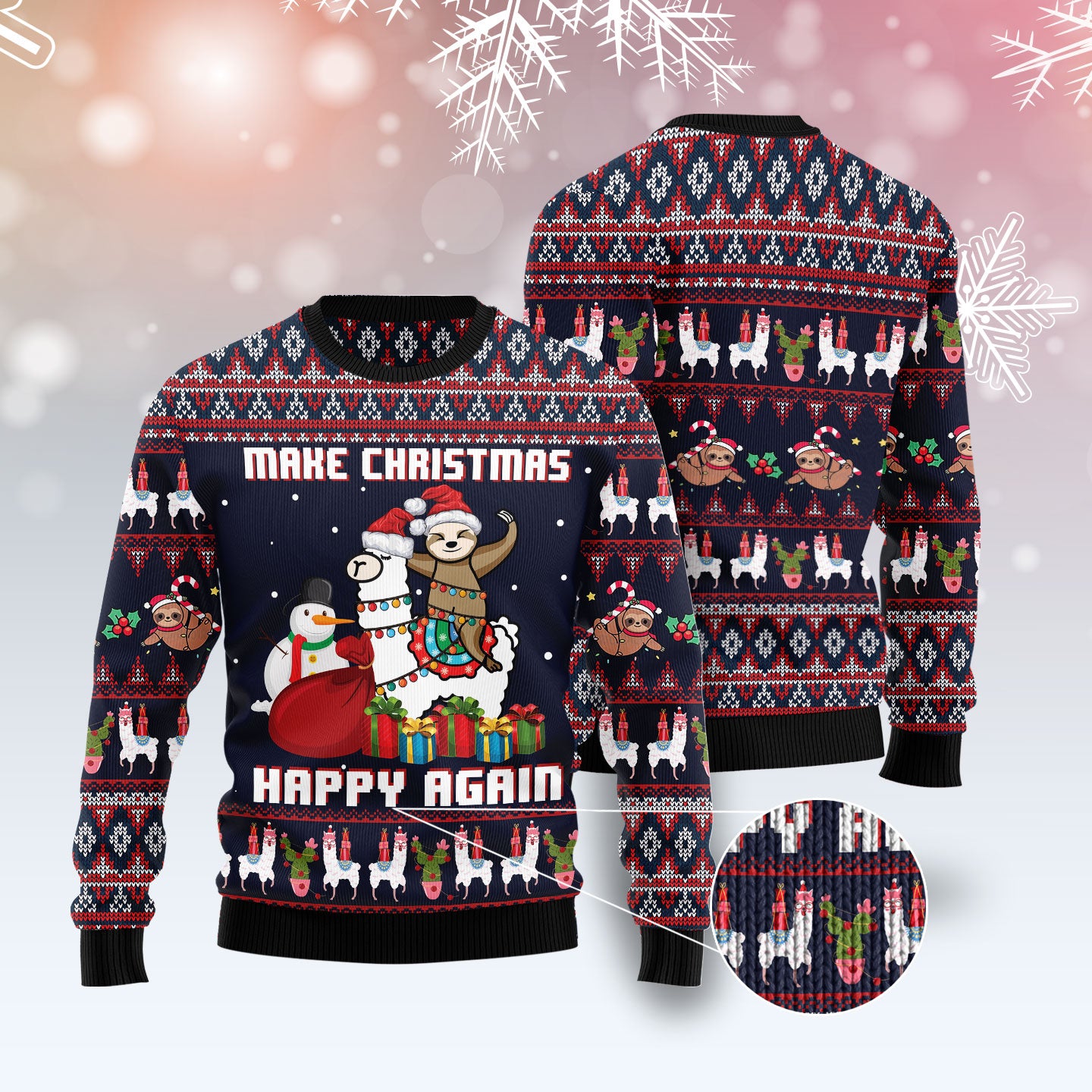 Llama Sloth Make Christmas Happy Again Ugly Christmas Sweater - Image 3