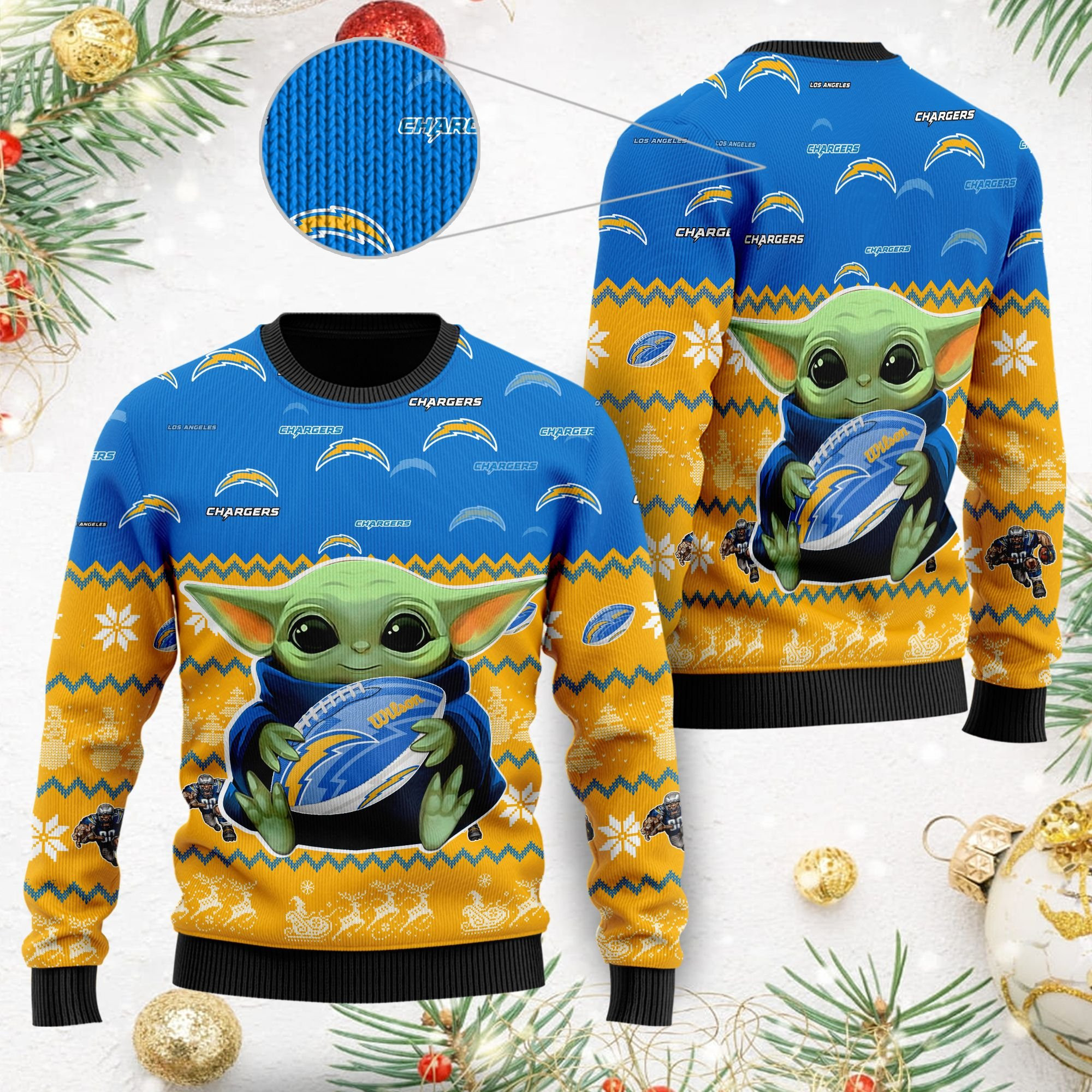 Los Angeles Chargers Baby Yoda Shirt For American Football Fans Ugly Christmas Sweater Adult 3D Funny Matching for family