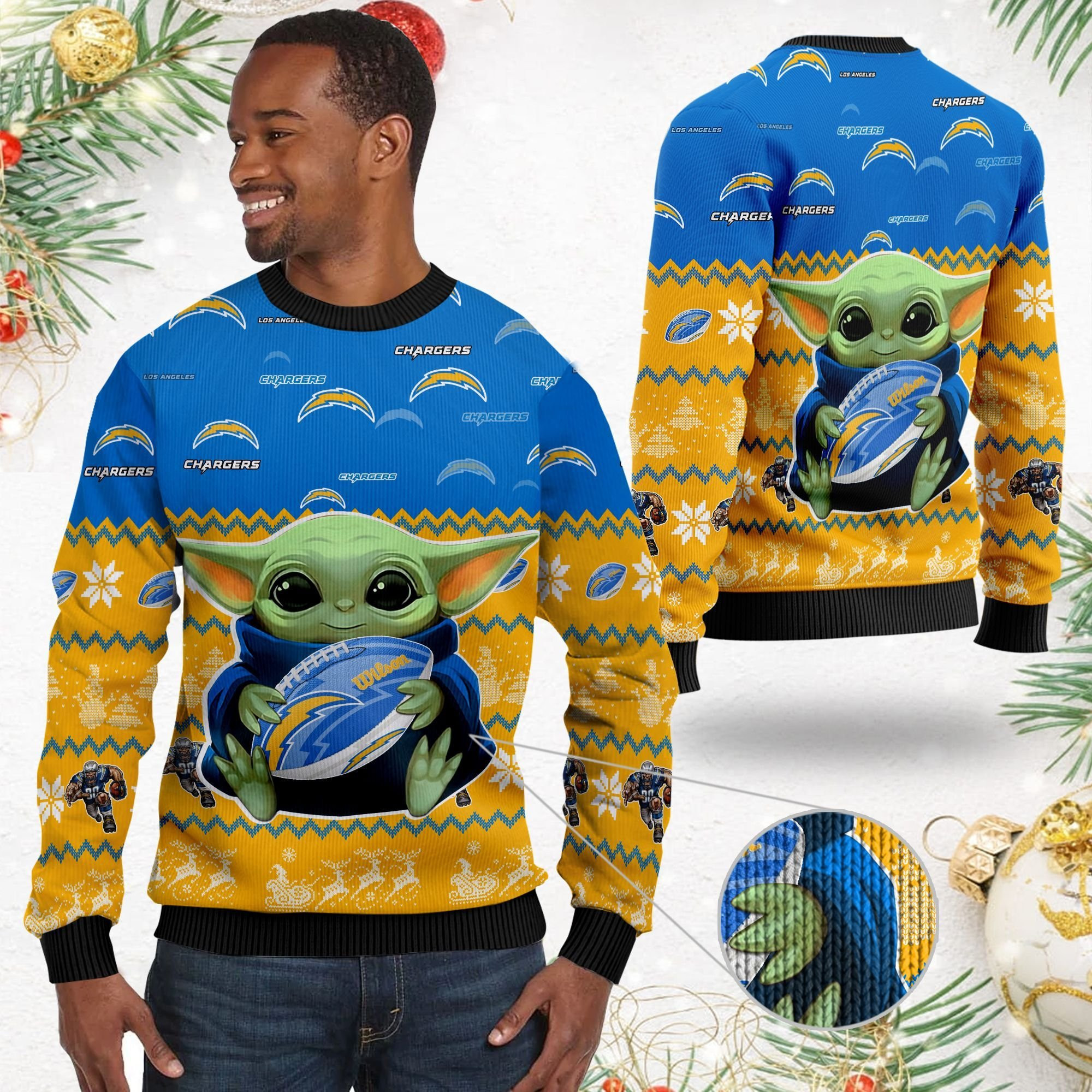 Los Angeles Chargers Baby Yoda Ugly Christmas Sweater Adult 3D Funny Matching for family - Image 2