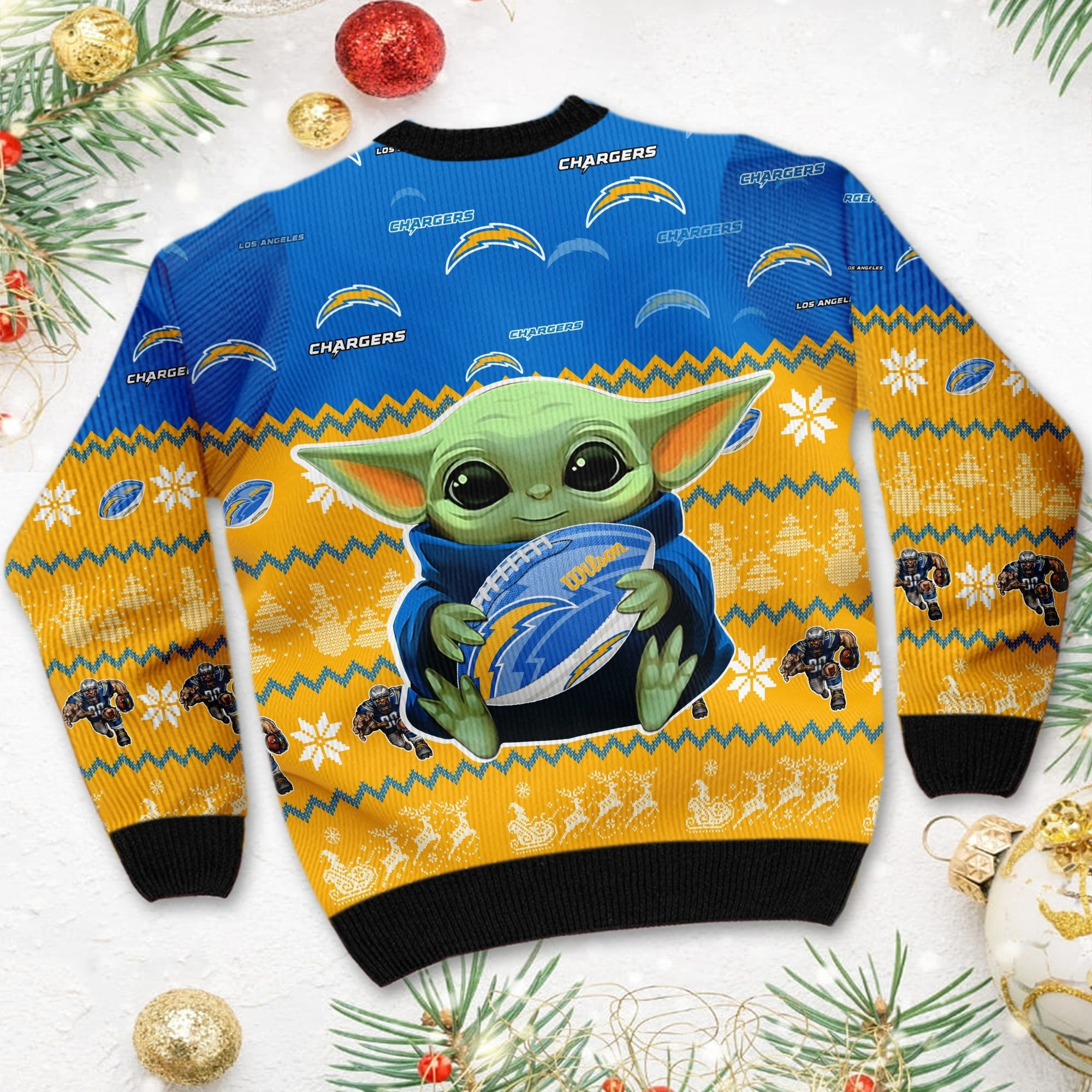 Los Angeles Chargers Baby Yoda Ugly Christmas Sweater Adult 3D Funny Matching for family - Image 4