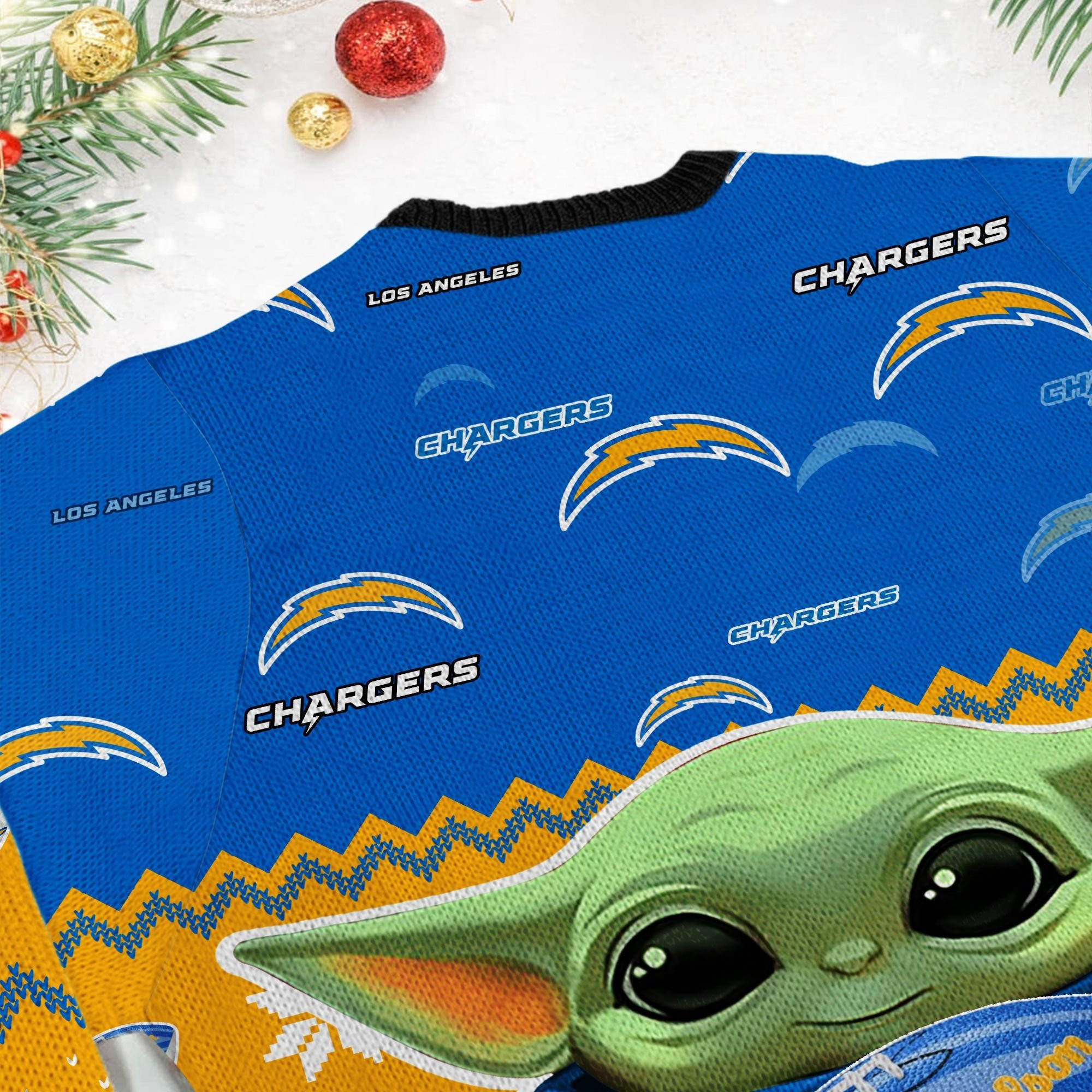 Los Angeles Chargers Baby Yoda Ugly Christmas Sweater Adult 3D Funny Matching for family - Image 6