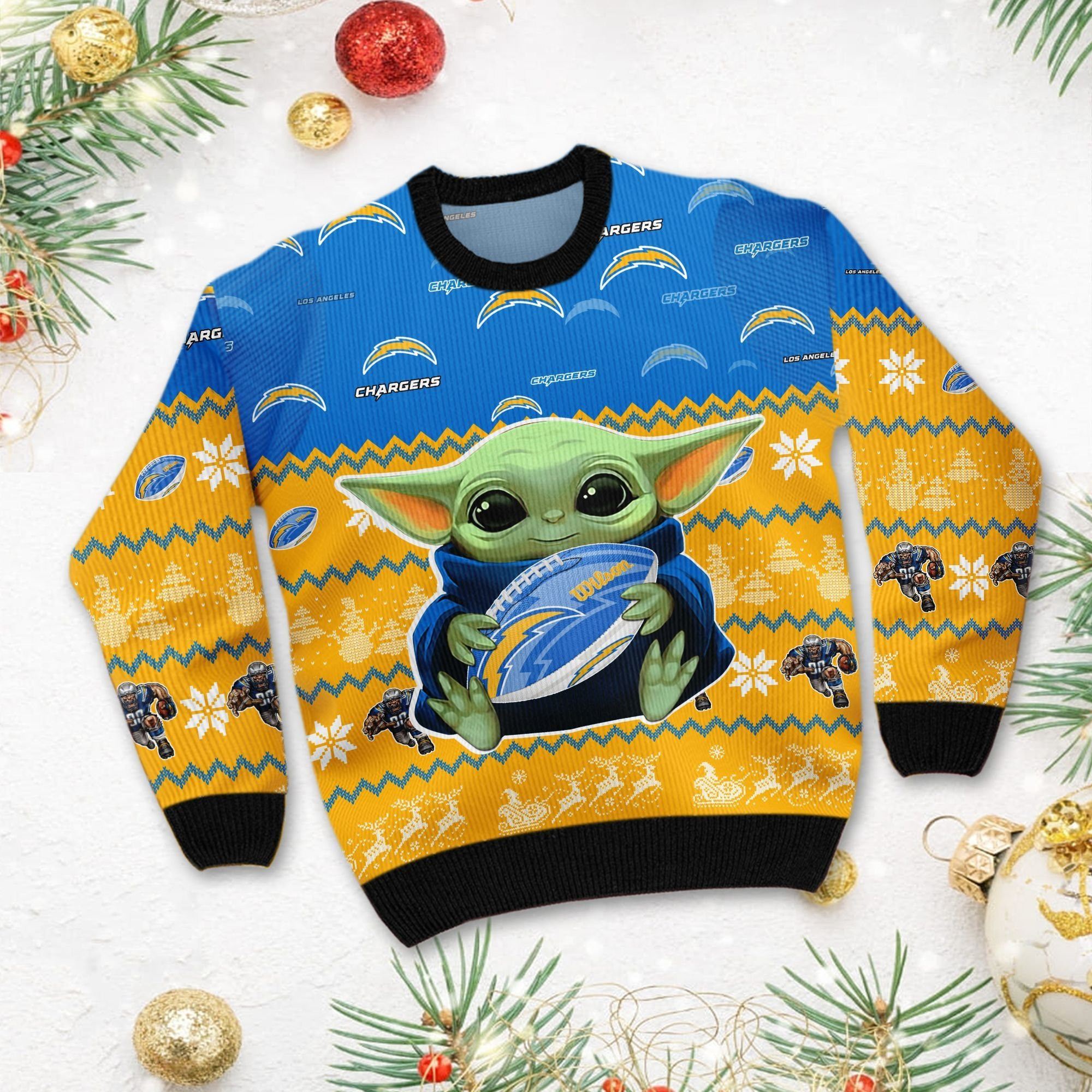 Los Angeles Chargers Baby Yoda Ugly Christmas Sweater Adult 3D Funny Matching for family - Image 3