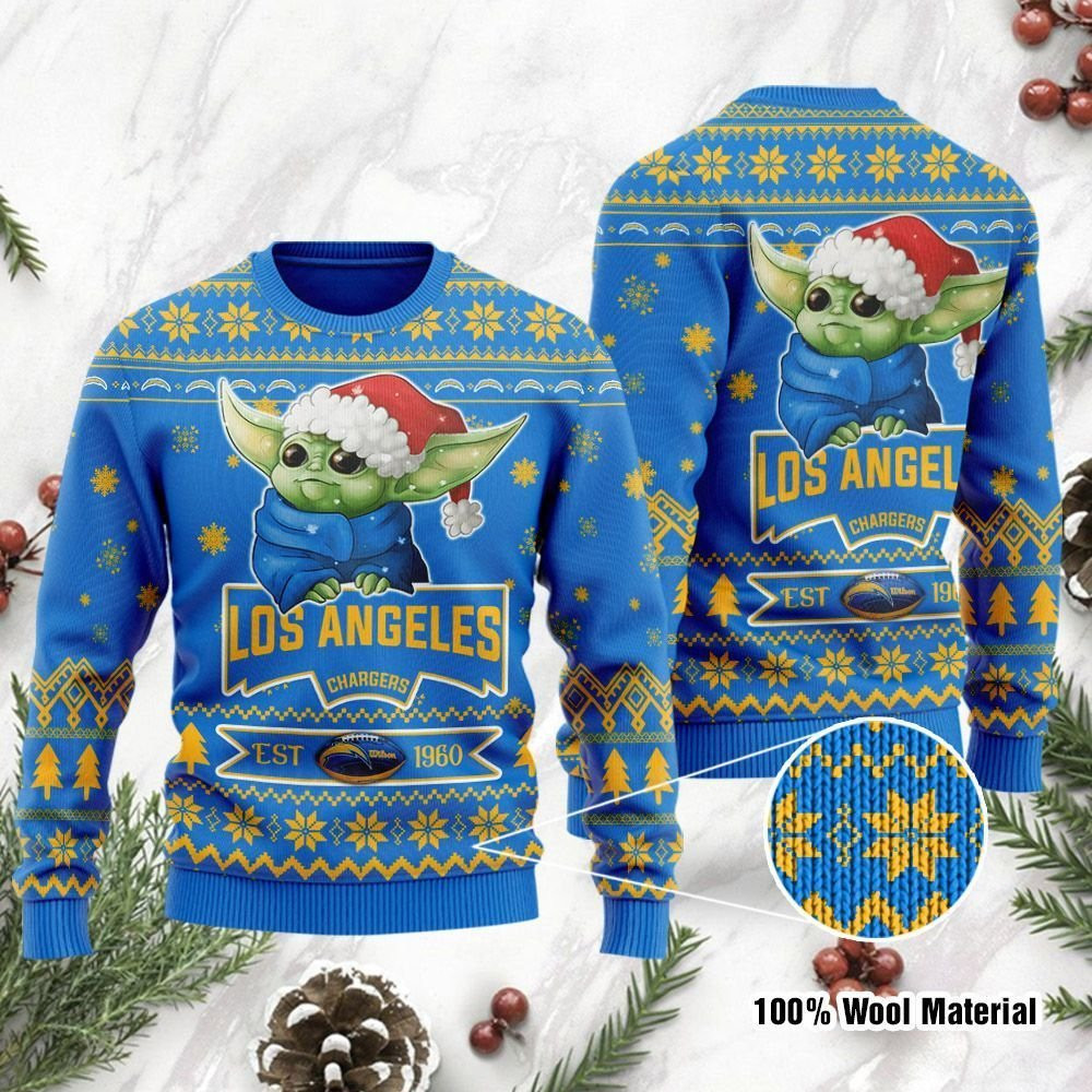 Los Angeles Chargers Cute Baby Yoda Grogu Ugly Christmas Sweater Adult 3D Funny Matching for family