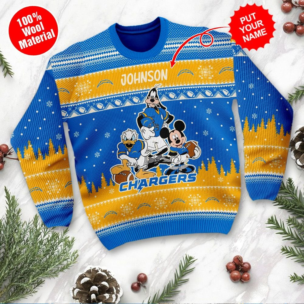 Los Angeles Chargers Disney Donald Duck Mickey Mouse Goofy Personalized Ugly Christmas Sweater Adult 3D Funny Matching for family - Image 2