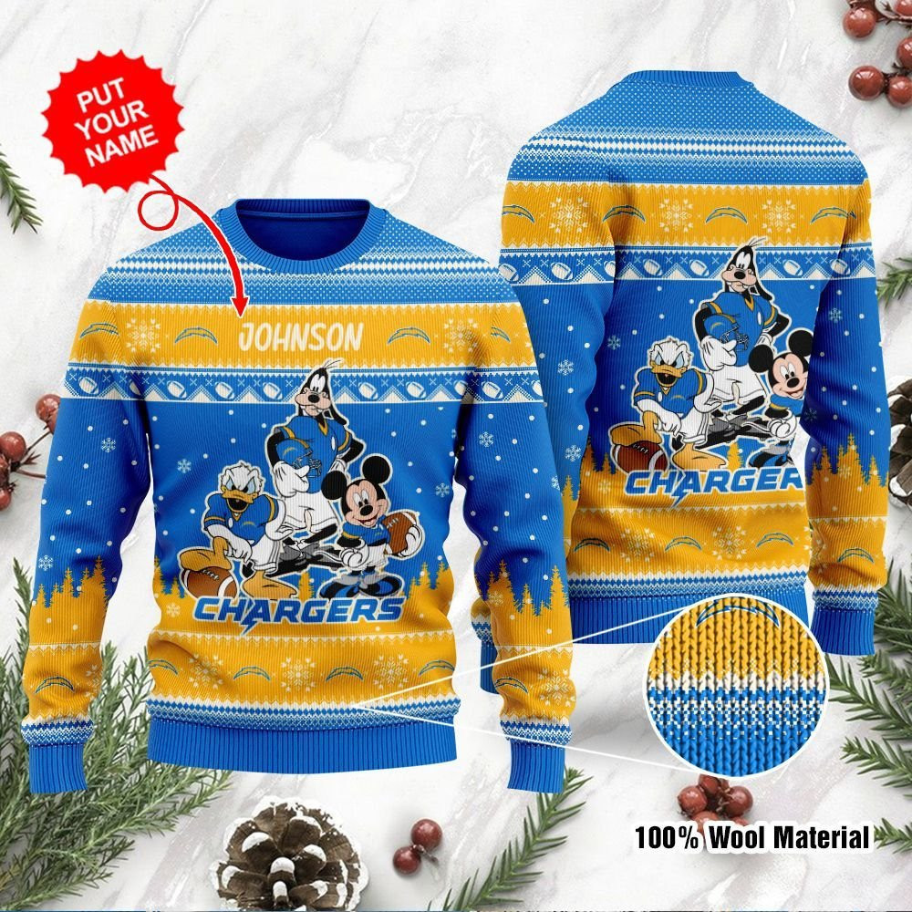 Los Angeles Chargers Disney Donald Duck Mickey Mouse Goofy Personalized Ugly Christmas Sweater Adult 3D Funny Matching for family