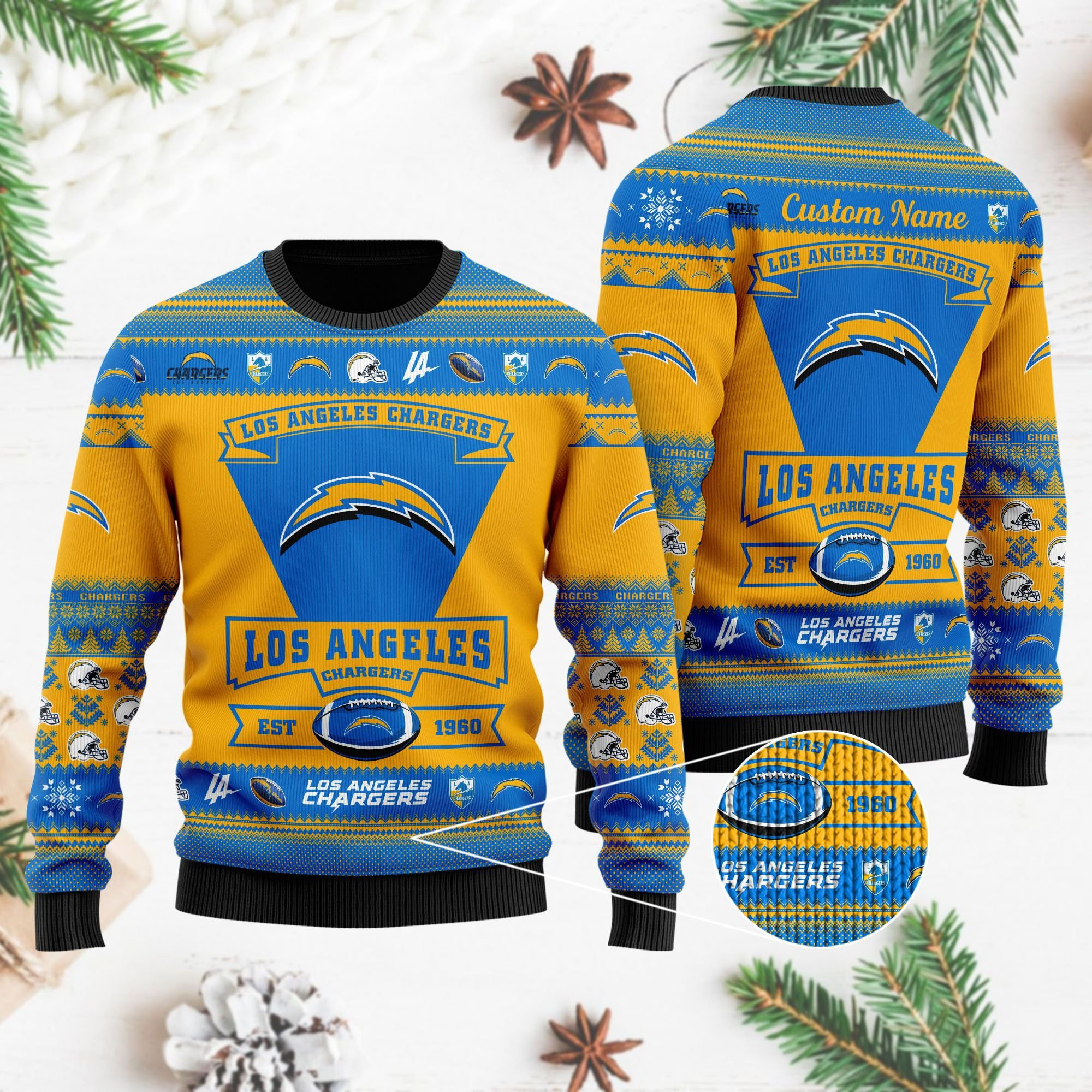 Los Angeles Chargers Football Team Logo Personalized Ugly Christmas Sweater Adult 3D Funny Matching for family