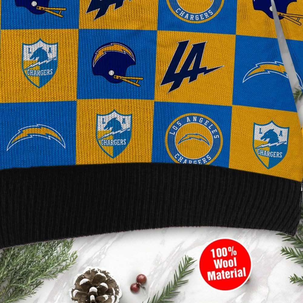 Los Angeles Chargers Logo Checkered Flannel Design Ugly Christmas Sweater Adult 3D Funny Matching for family - Image 4