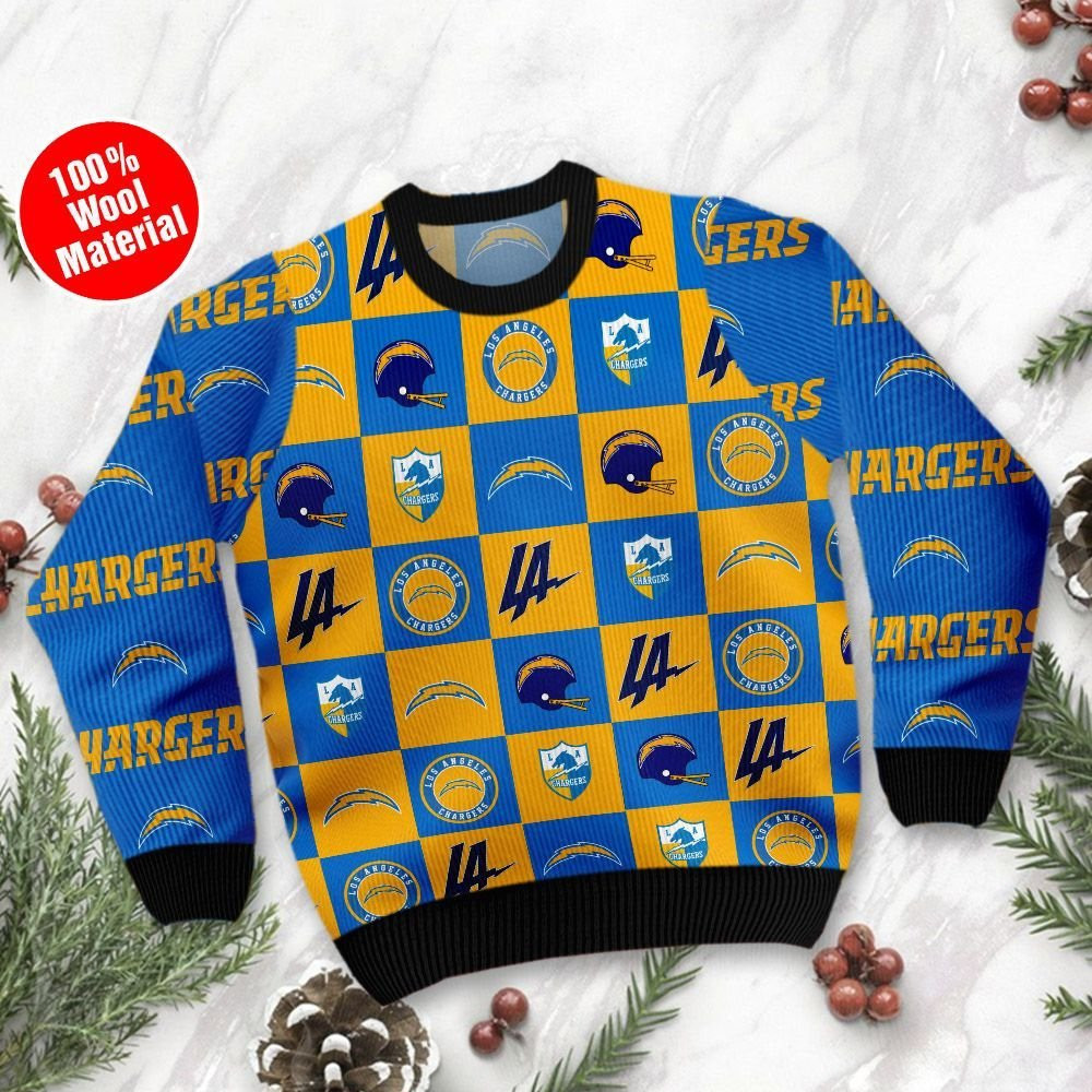 Los Angeles Chargers Logo Checkered Flannel Design Ugly Christmas Sweater Adult 3D Funny Matching for family - Image 2