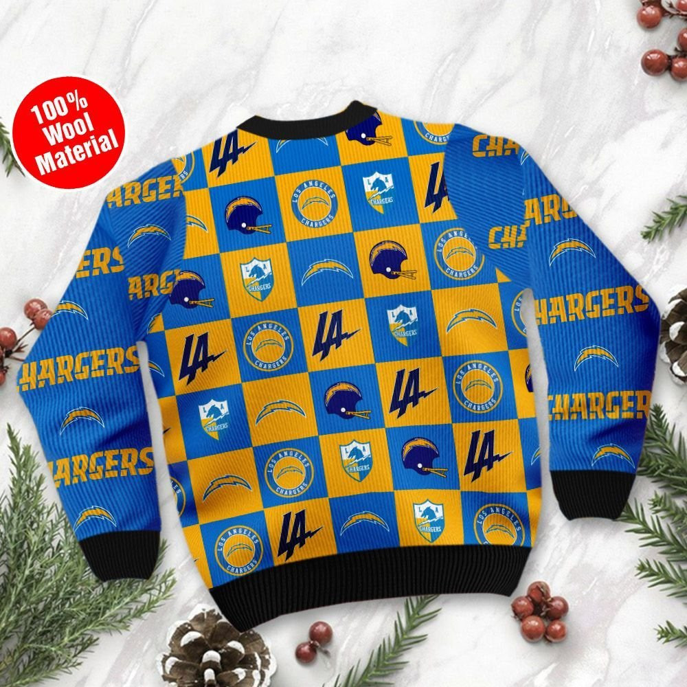 Los Angeles Chargers Logo Checkered Flannel Design Ugly Christmas Sweater Adult 3D Funny Matching for family - Image 3