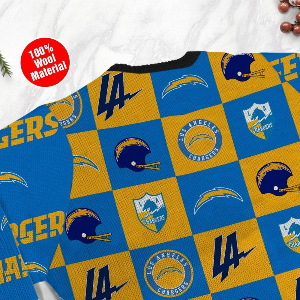 Los Angeles Chargers Logo Checkered Flannel Design Ugly Christmas Sweater Adult 3D Funny Matching for family - Image 5