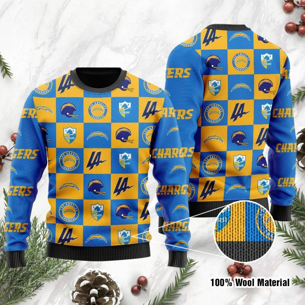 Los Angeles Chargers Logo Checkered Flannel Design Ugly Christmas Sweater Adult 3D Funny Matching for family