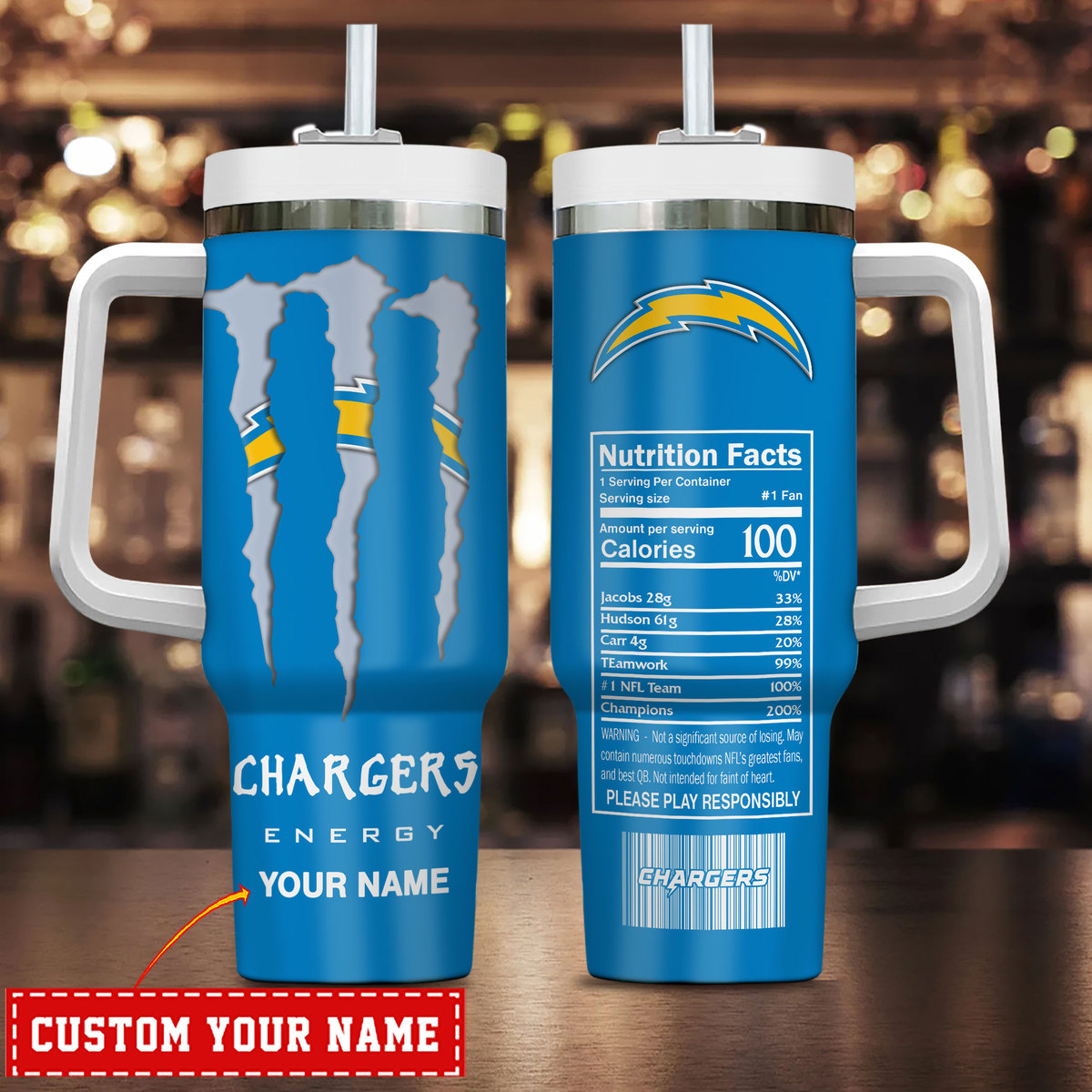 Los Angeles Chargers NFL Energy Nutrition Facts Custom Stanley Cup 40 oz 30 oz Tumbler With HandleTVC230173