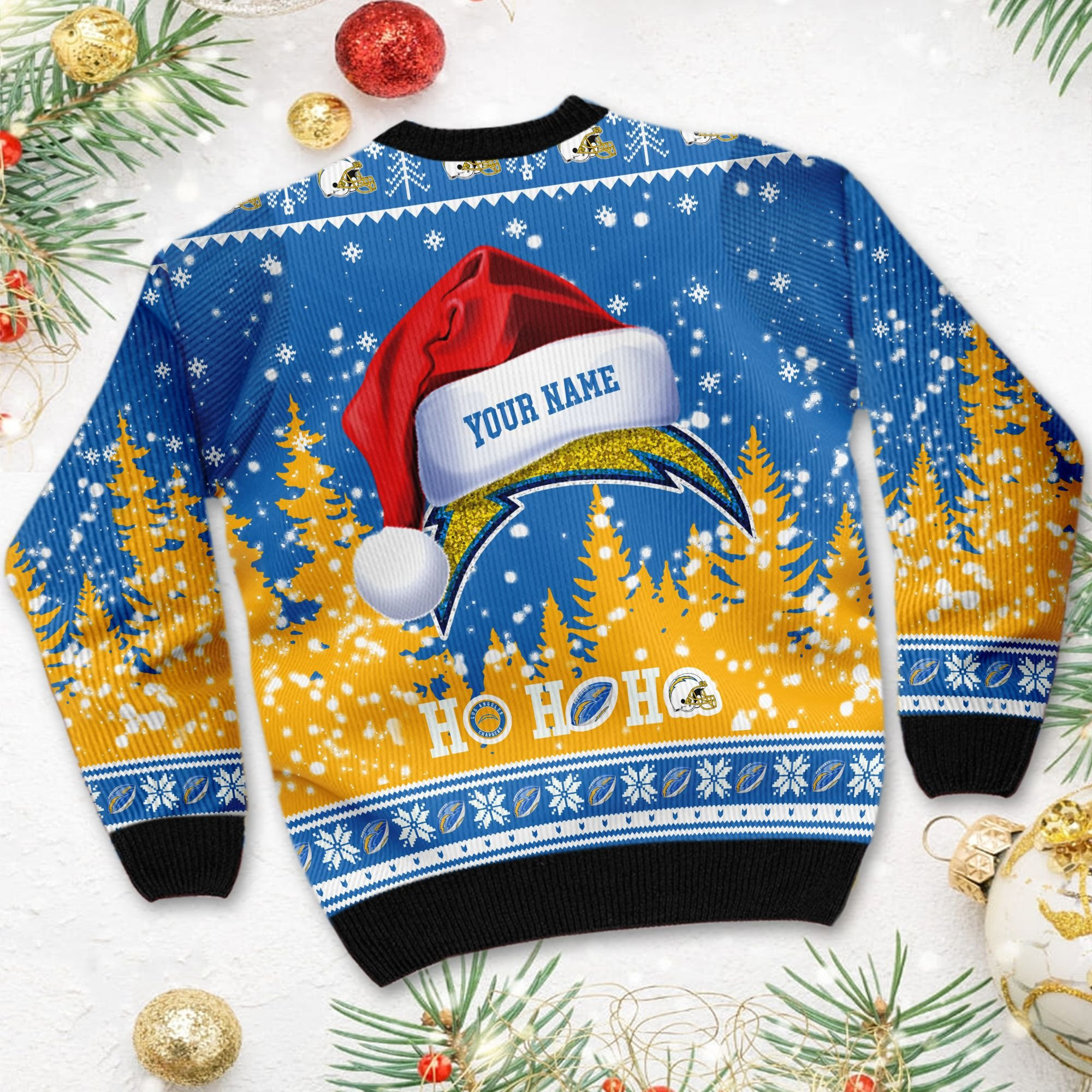Los Angeles Chargers Symbol Wearing Santa Claus Hat Ho Ho Ho Personalized Ugly Christmas Sweater Adult 3D Funny Matching for family - Image 4