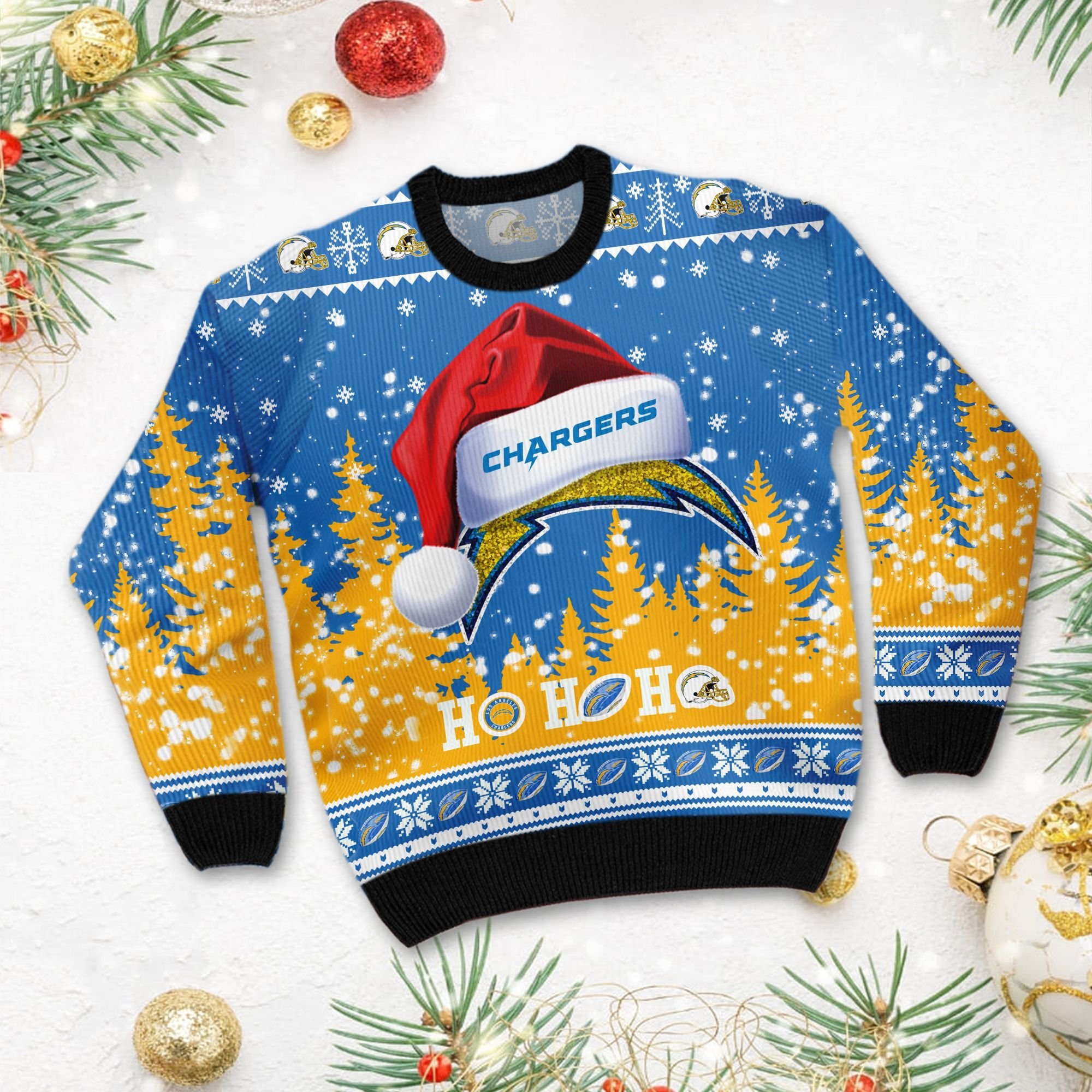 Los Angeles Chargers Symbol Wearing Santa Claus Hat Ho Ho Ho Personalized Ugly Christmas Sweater Adult 3D Funny Matching for family - Image 3