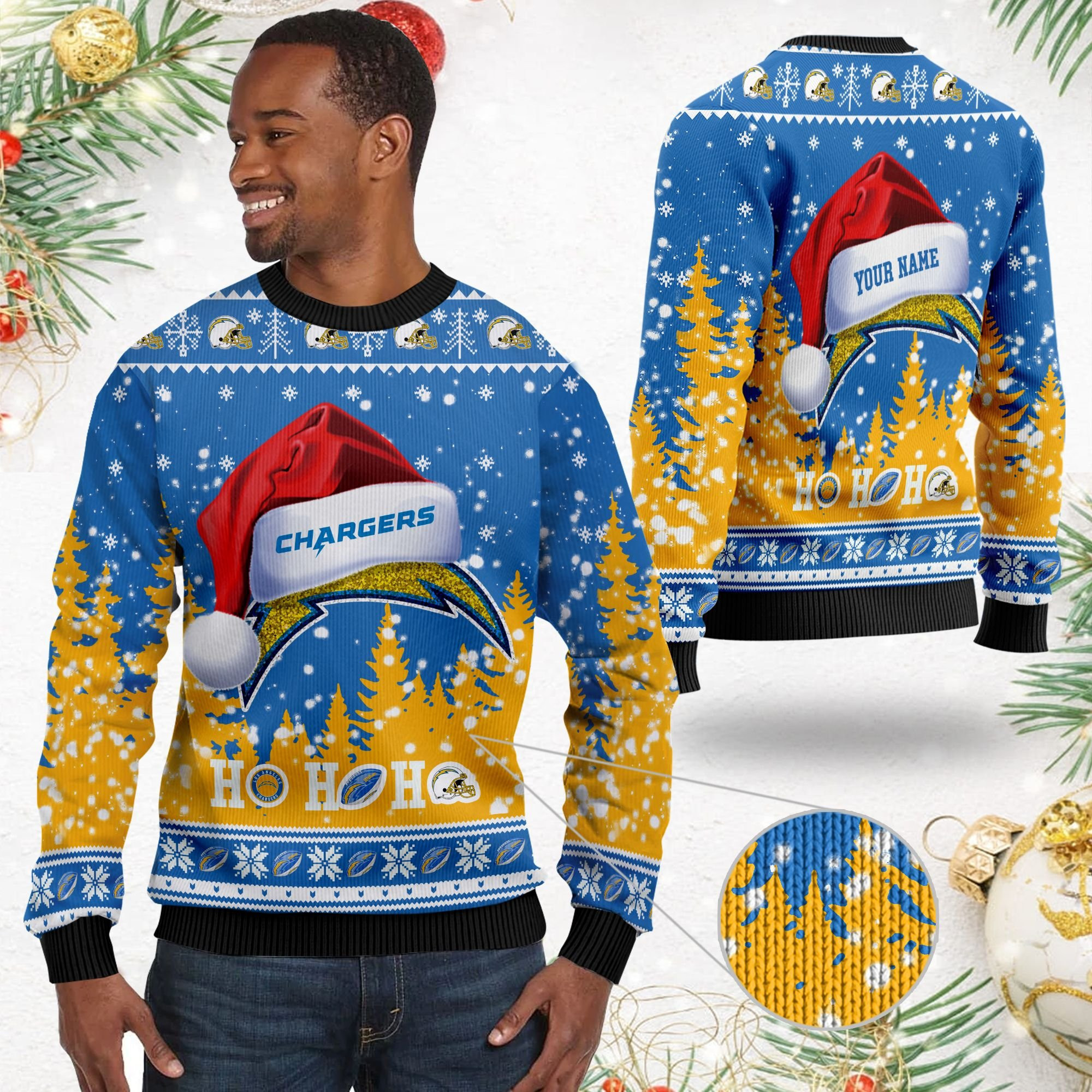 Los Angeles Chargers Symbol Wearing Santa Claus Hat Ho Ho Ho Personalized Ugly Christmas Sweater Adult 3D Funny Matching for family - Image 2