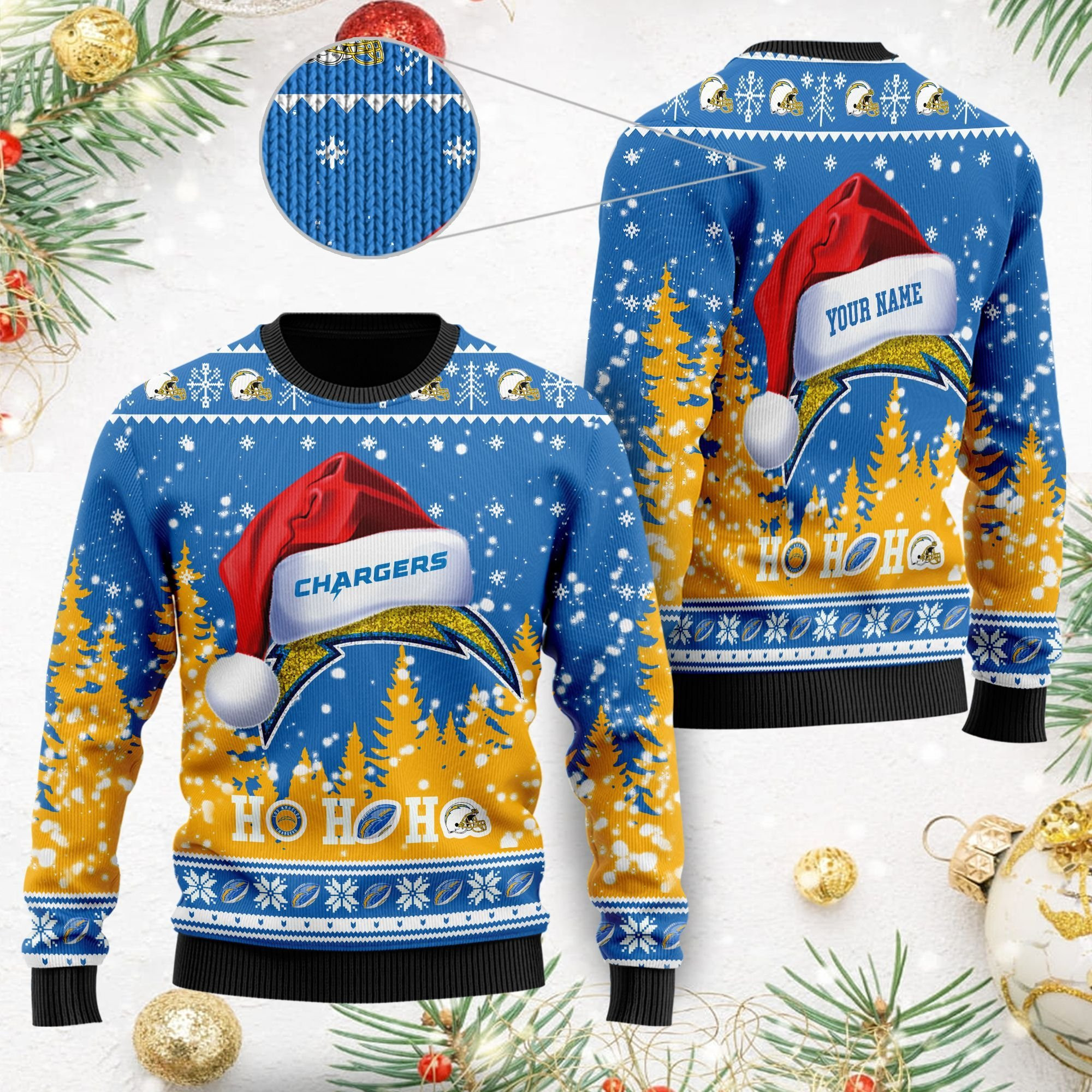 Los Angeles Chargers Symbol Wearing Santa Claus Hat Ho Ho Ho Ugly Christmas Sweater Adult 3D Funny Matching for family