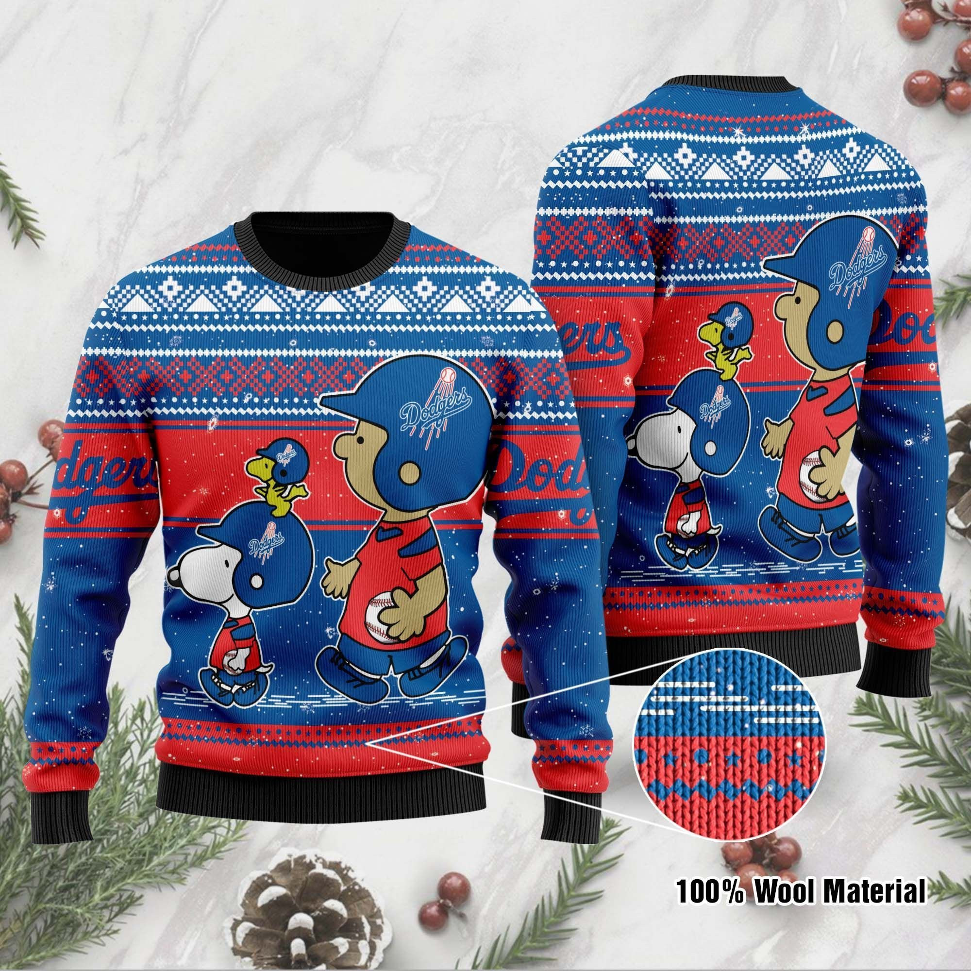 Los Angeles Dodgers Charlie Brown Snoopy Wear Football Jersey Ugly Christmas Sweater Adult 3D Funny Matching for family