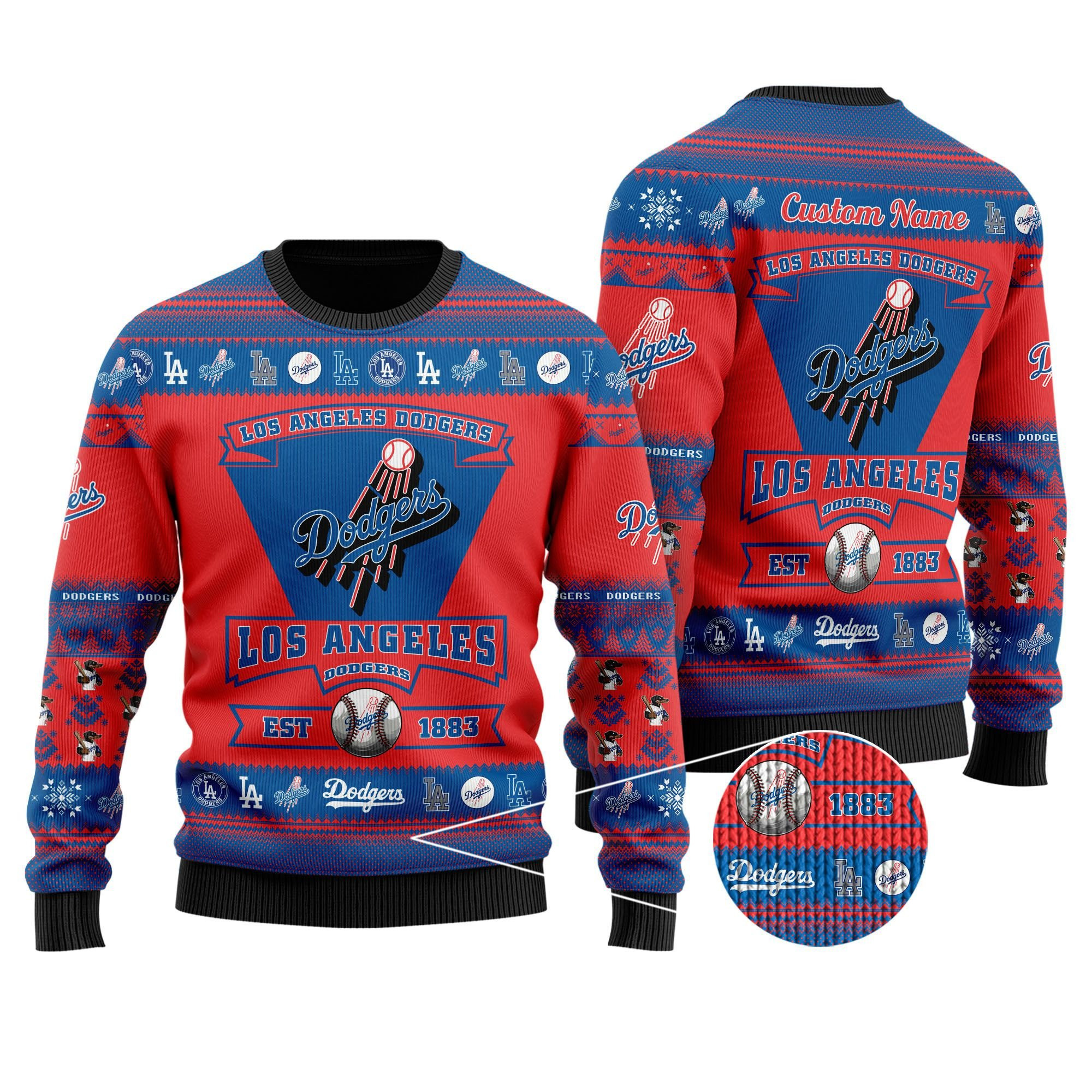 Los Angeles Dodgers Football Team Logo Custom Name Personalized Ugly Christmas Sweater Adult 3D Funny Matching for family
