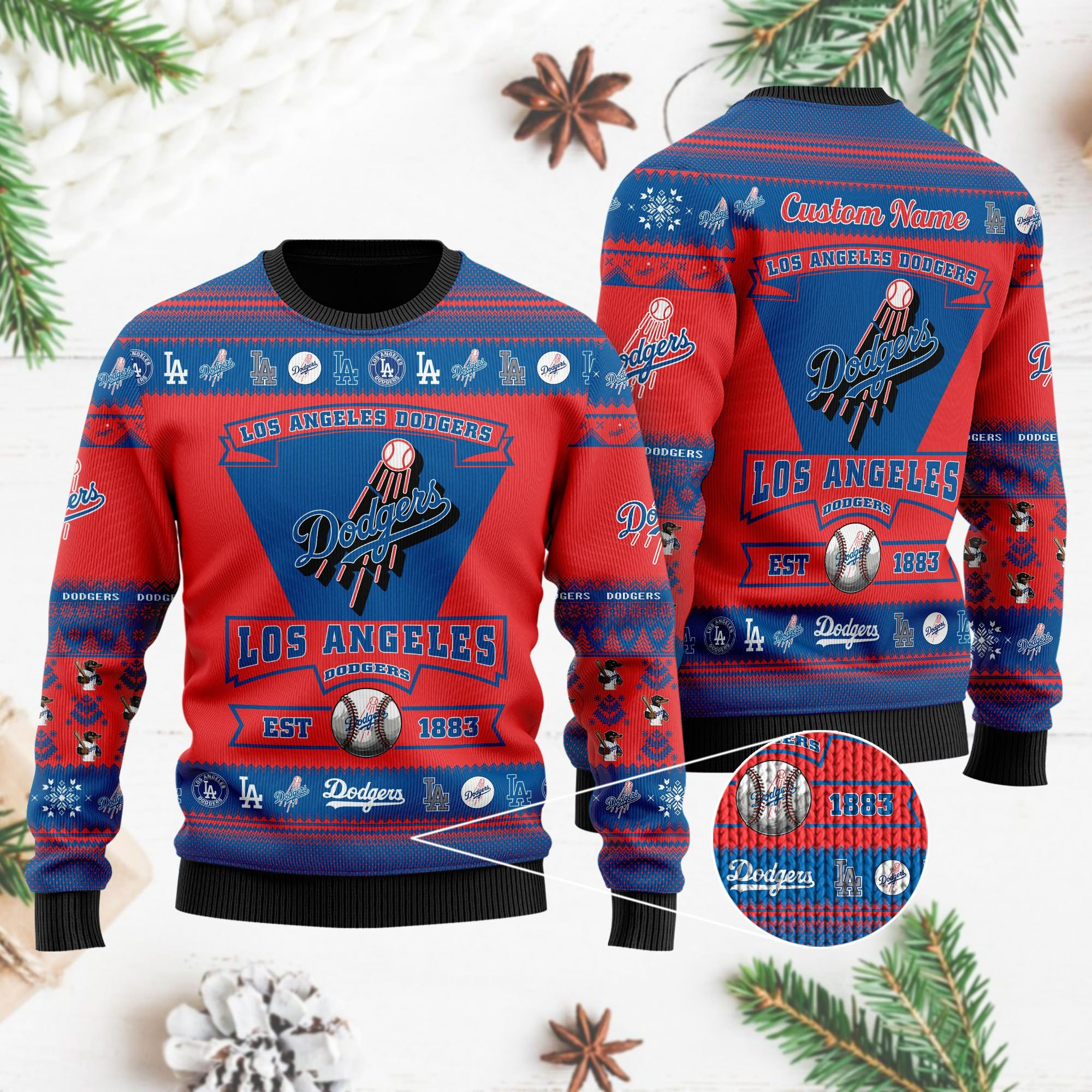 Los Angeles Dodgers Football Team Logo Personalized Ugly Christmas Sweater Adult 3D Funny Matching for family - Image 4