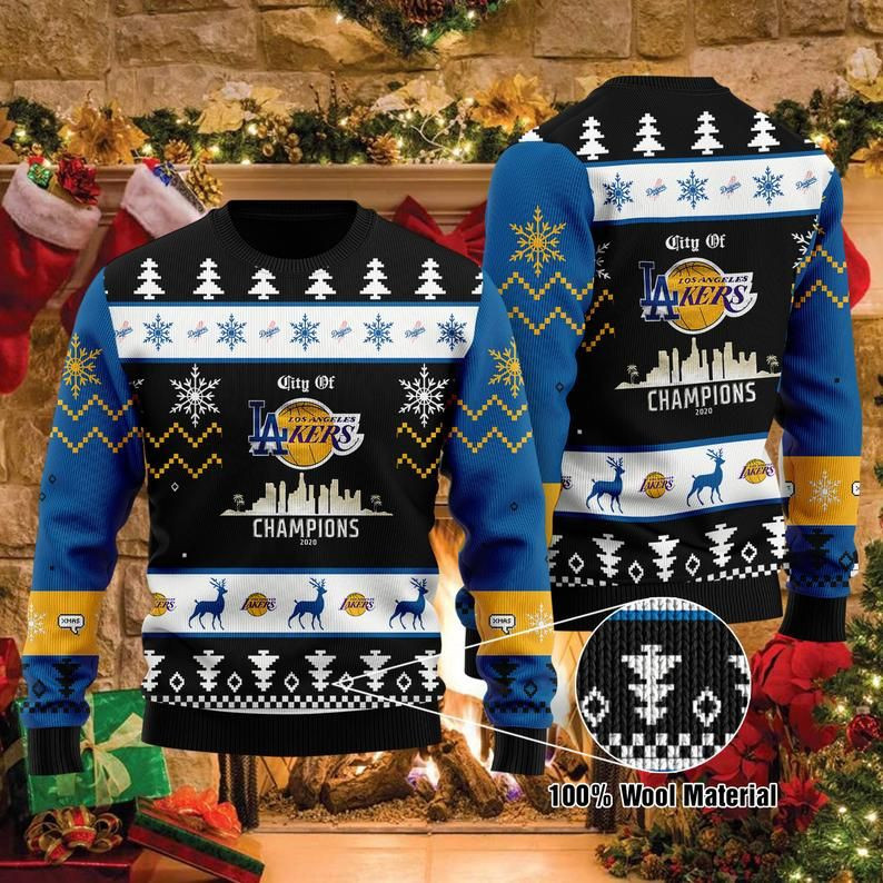 Los Angeles Mixed Lakers La Dodgers City Of Champions Nba Finals World Series 2020 For Fans Ugly Christmas Sweater Adult 3D Funny Matching for family