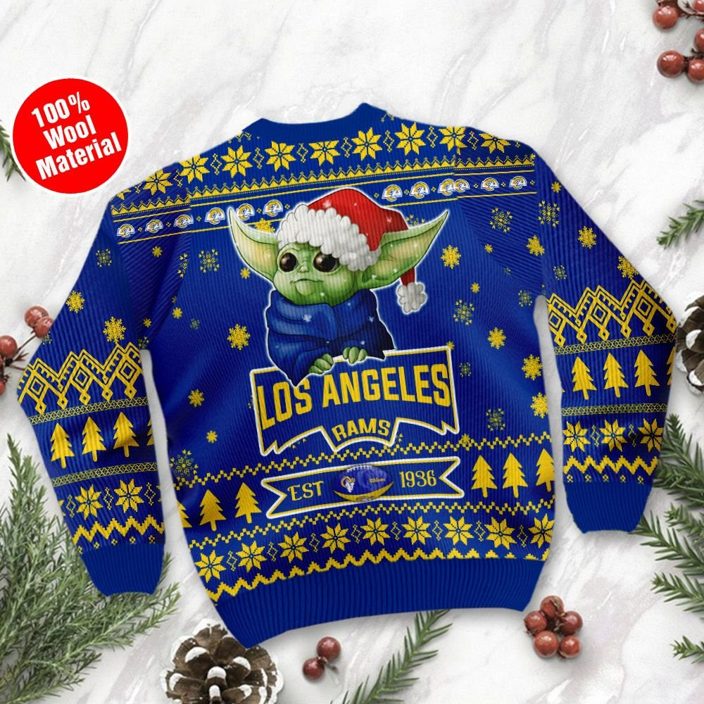 Los Angeles Rams Cute Baby Yoda Grogu Holiday Party Ugly Christmas Sweater Adult 3D Funny Matching for family - Image 3