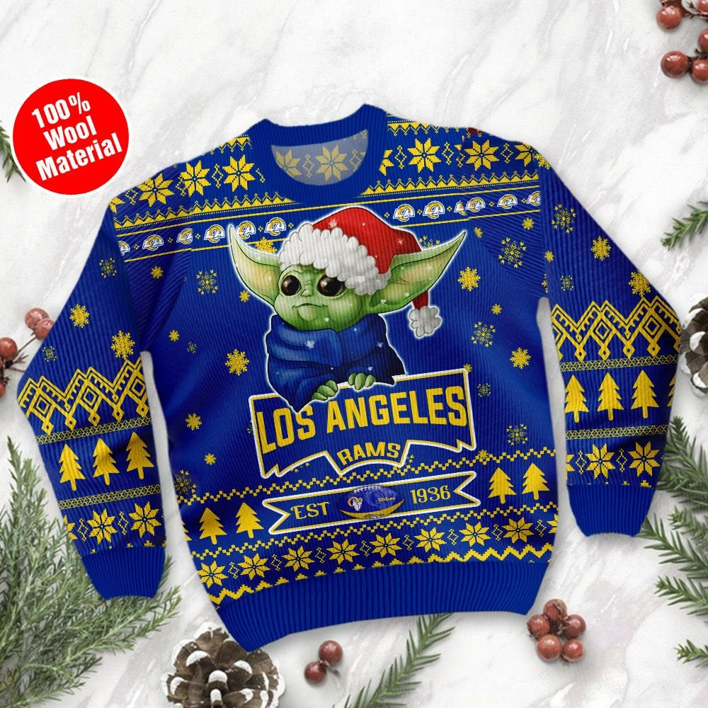 Los Angeles Rams Cute Baby Yoda Grogu Holiday Party Ugly Christmas Sweater Adult 3D Funny Matching for family - Image 2