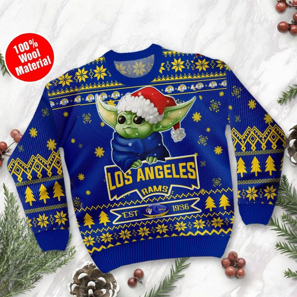 Los Angeles Rams Cute Baby Yoda Grogu Ugly Christmas Sweater Adult 3D Funny Matching for family - Image 2