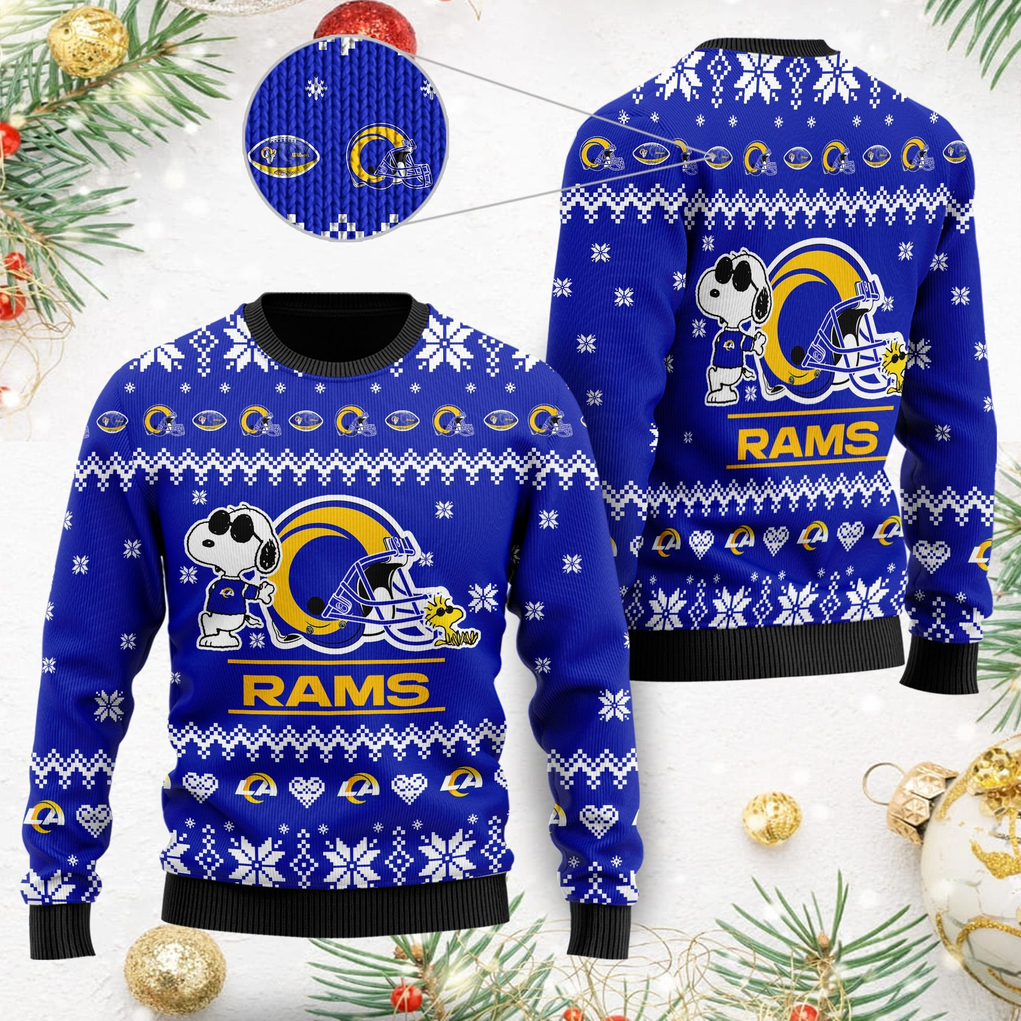 Los Angeles Rams Cute The Snoopy Show Football Helmet 3D Ugly Christmas Sweater Adult 3D Funny Matching for family