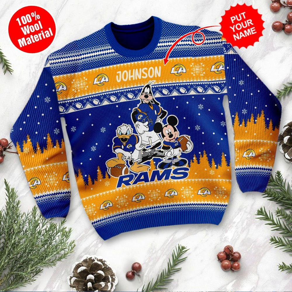 Los Angeles Rams Disney Donald Duck Mickey Mouse Goofy Personalized Ugly Christmas Sweater Adult 3D Funny Matching for family - Image 2