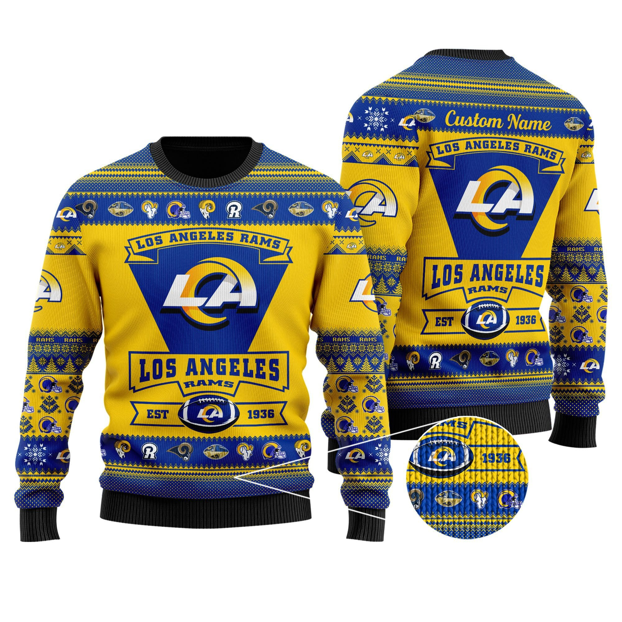 Los Angeles Rams Football Team Logo Custom Name Personalized Ugly Christmas Sweater Adult 3D Funny Matching for family - Image 2