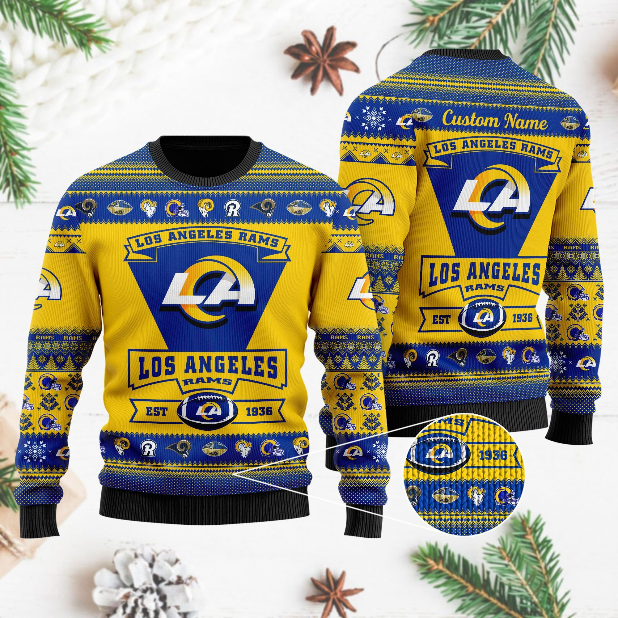Los Angeles Rams Football Team Logo Custom Name Personalized Ugly Christmas Sweater Adult 3D Funny Matching for family