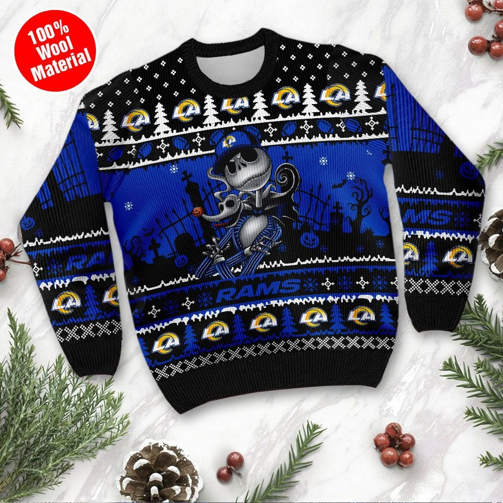 Los Angeles Rams Jack Skellington Halloween Holiday Party Ugly Christmas Sweater Adult 3D Funny Matching for family - Image 2