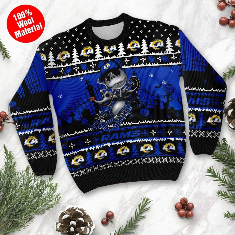 Los Angeles Rams Jack Skellington Halloween Ugly Christmas Sweater Adult 3D Funny Matching for family - Image 2
