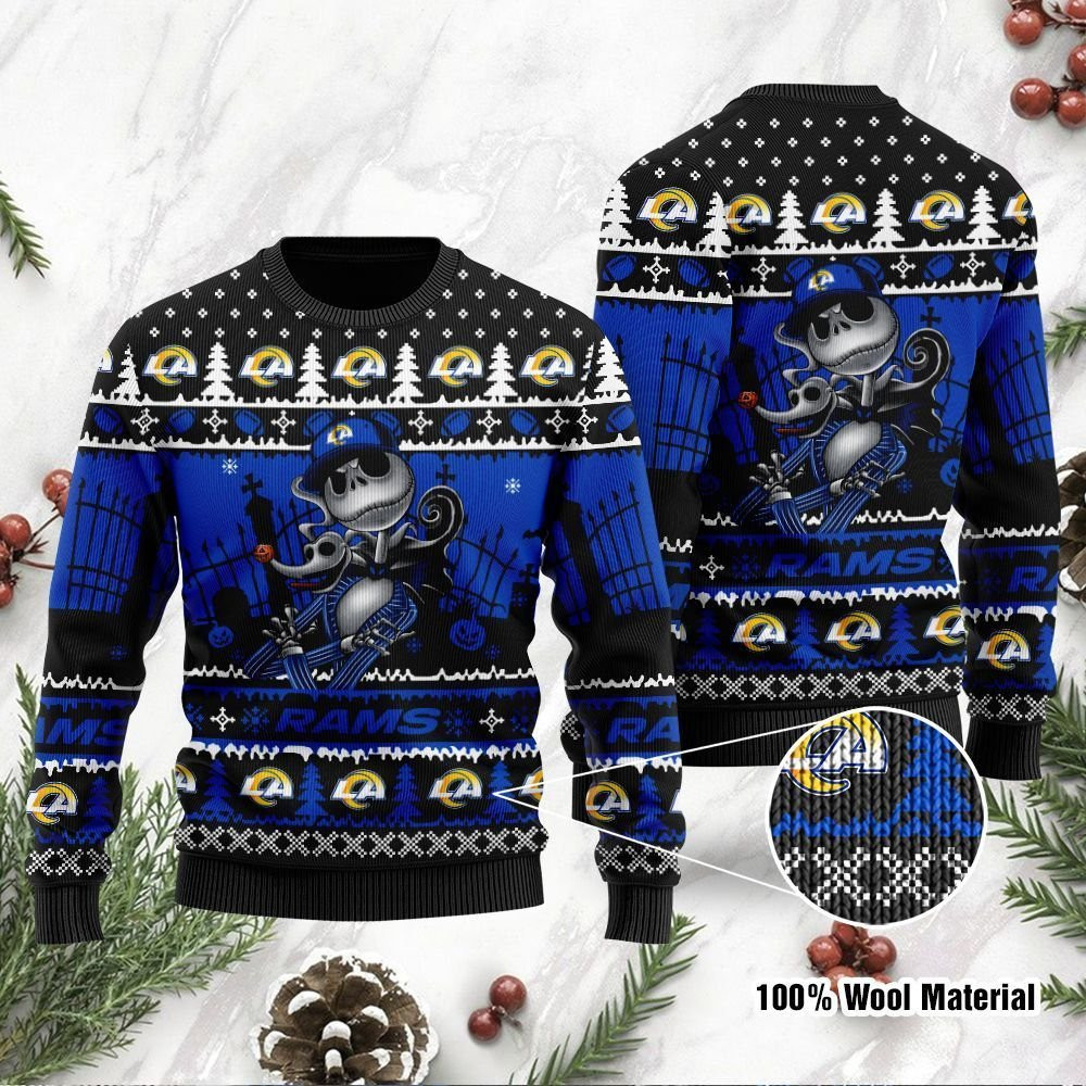 Los Angeles Rams Jack Skellington Halloween Ugly Christmas Sweater Adult 3D Funny Matching for family