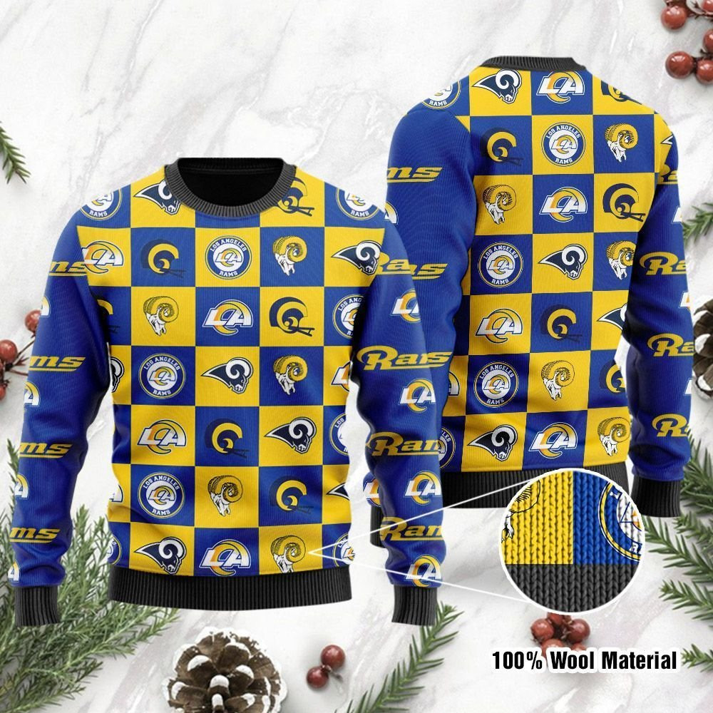 Los Angeles Rams Logo Checkered Flannel Design Ugly Christmas Sweater Adult 3D Funny Matching for family
