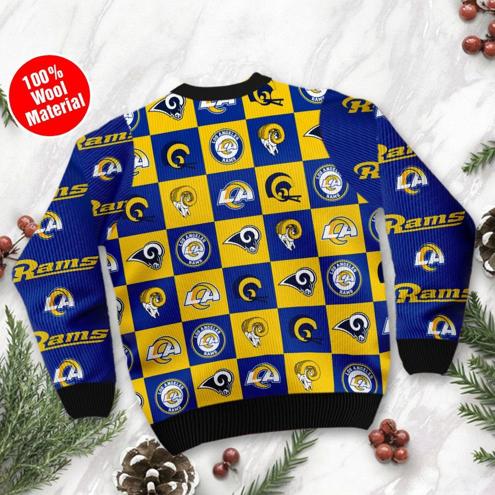 Los Angeles Rams Logo Checkered Flannel Ugly Christmas Sweater Adult 3D Funny Matching for family - Image 3