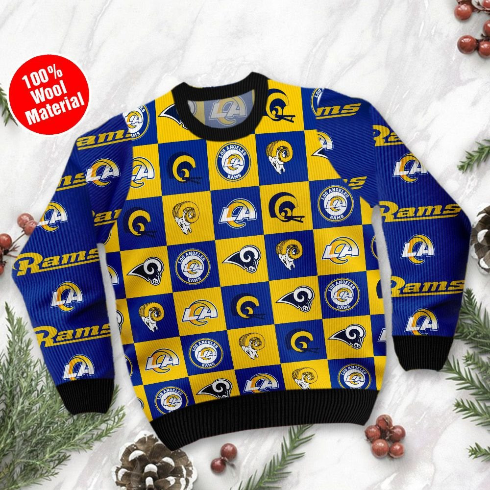 Los Angeles Rams Logo Checkered Flannel Ugly Christmas Sweater Adult 3D Funny Matching for family - Image 2