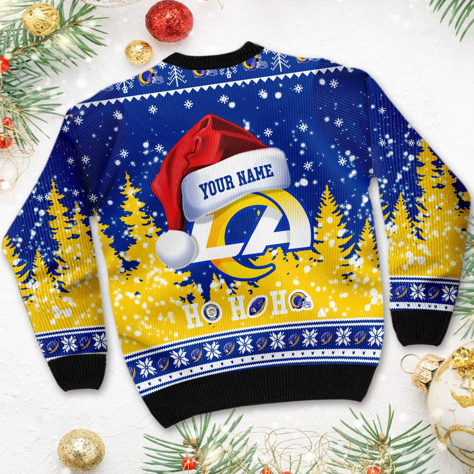 Los Angeles Rams Symbol Wearing Santa Claus Hat Ho Ho Ho Custom Personalized Ugly Christmas Sweater Adult 3D Funny Matching for family - Image 4